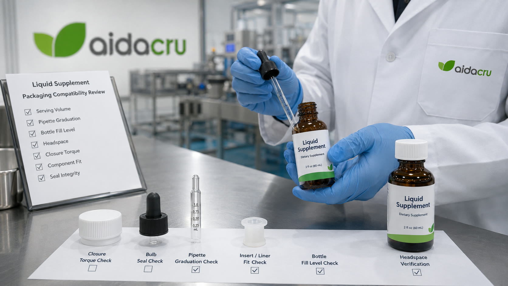 Liquid supplement dropper packaging compatibility review for serving volume bottle closure and headspace