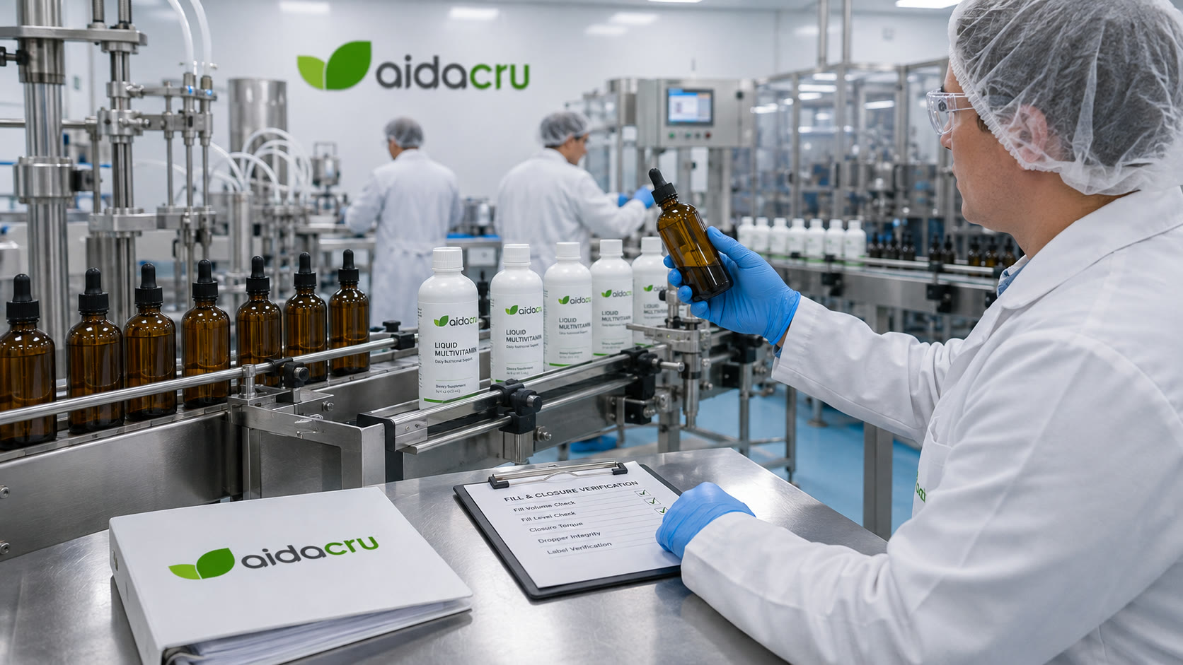Liquid supplement bottle filling and closure verification on a production line