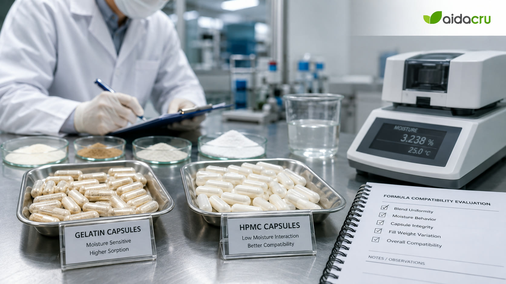 Gelatin and HPMC capsule moisture and formula compatibility evaluation
