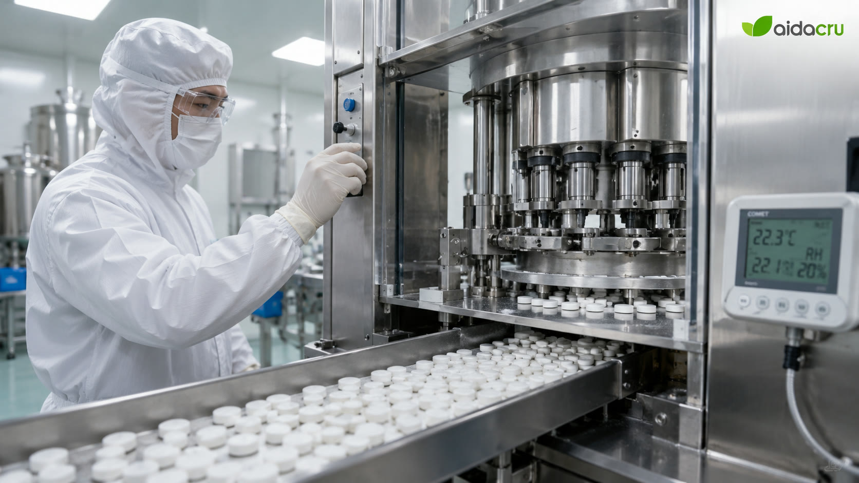 Effervescent tablet compression under controlled temperature and humidity