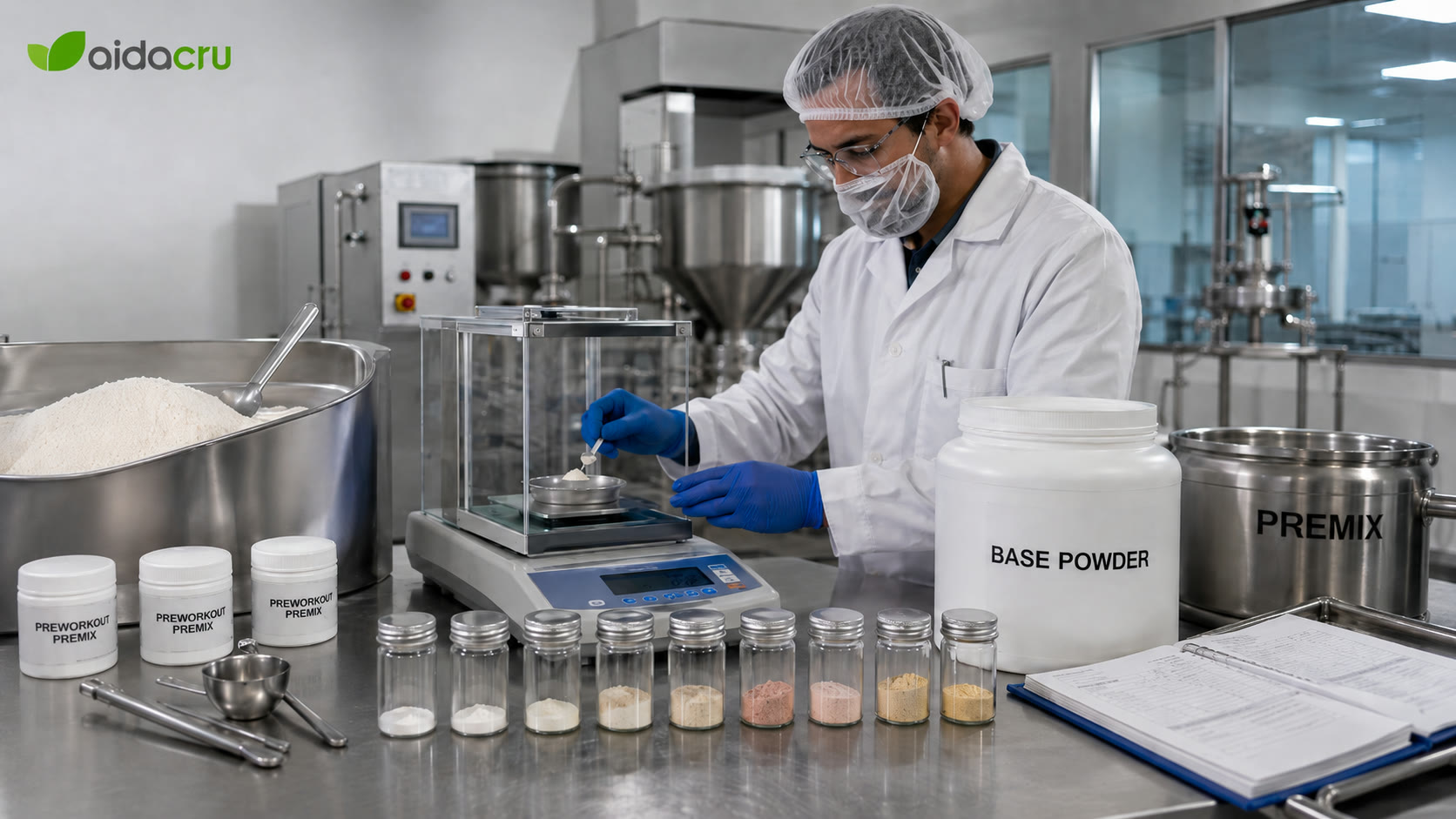 Pre-workout powder ingredient weighing and premix review for low-dose blend uniformity