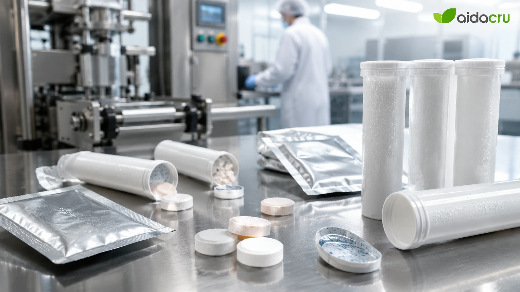 Effervescent tablet tubes, foil sachets, and desiccant packaging components