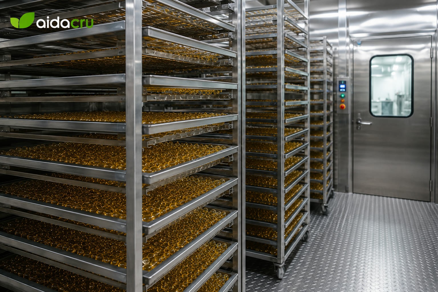 Softgel drying and conditioning racks in a controlled production room