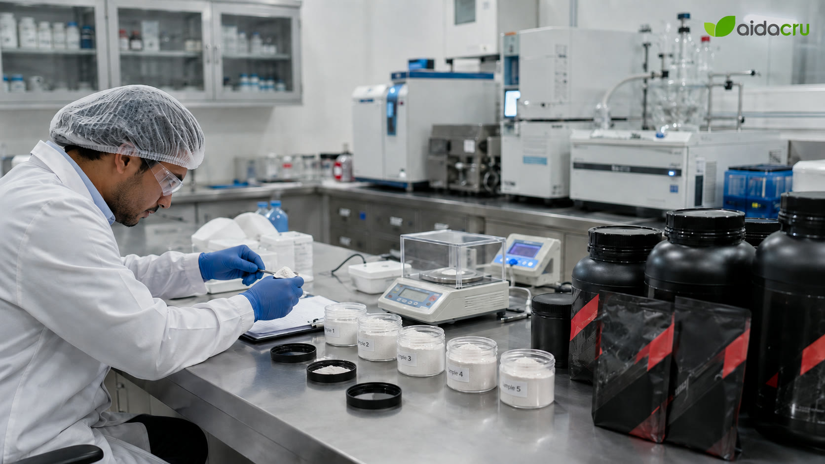 Pre-workout powder finished-product sampling and quality review before release