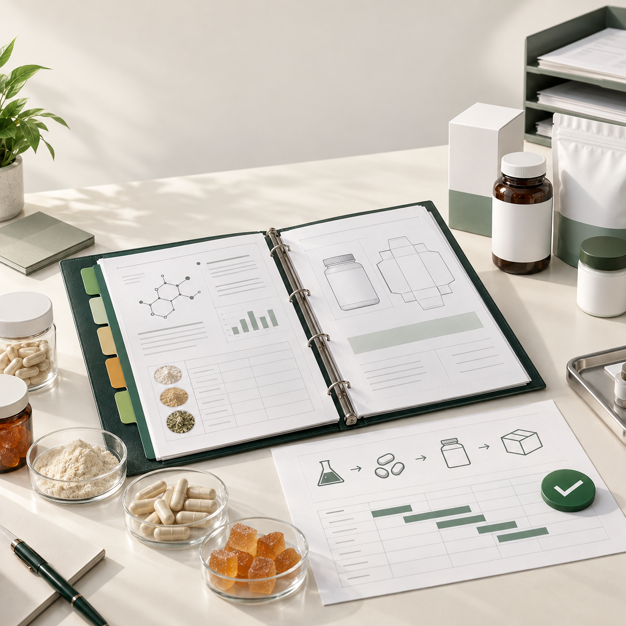 Dietary supplement production handoff desk with formula, ingredient specifications, packaging proofs, samples, and approval documents.