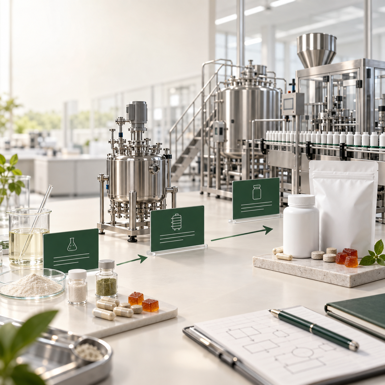 Supplement technology transfer from bench sample through pilot equipment to commercial production and packaging.