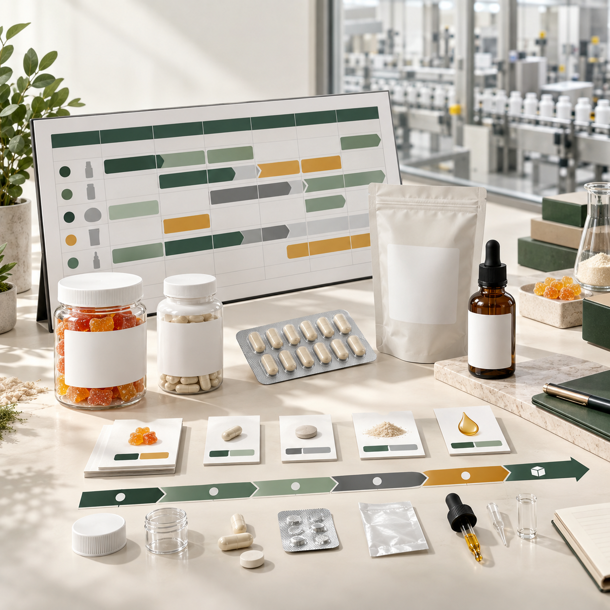 Multi-SKU supplement production calendar with gummies, capsules, tablets, powder, and liquid formats.
