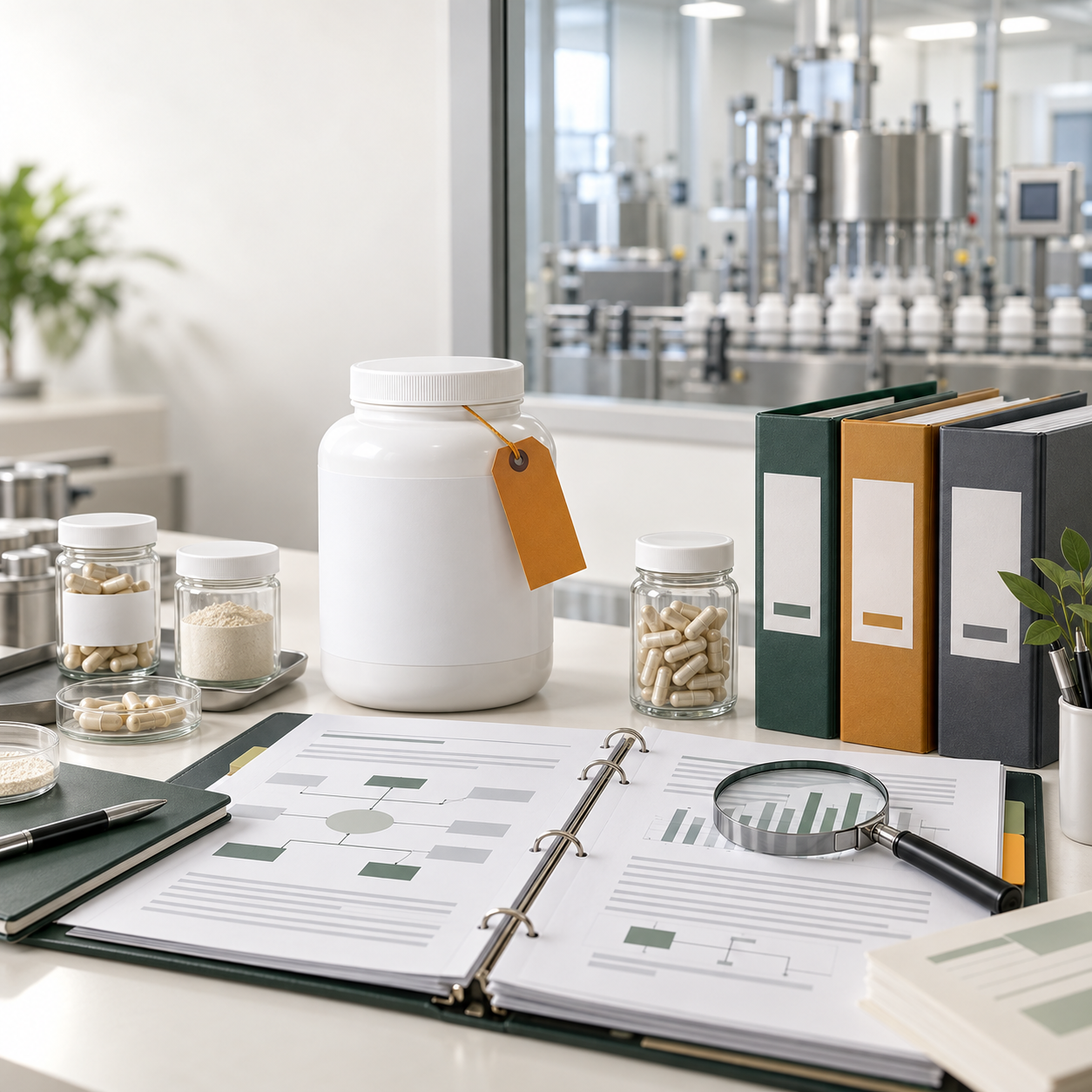 Supplement batch under controlled hold with investigation records, samples, and disposition folders.