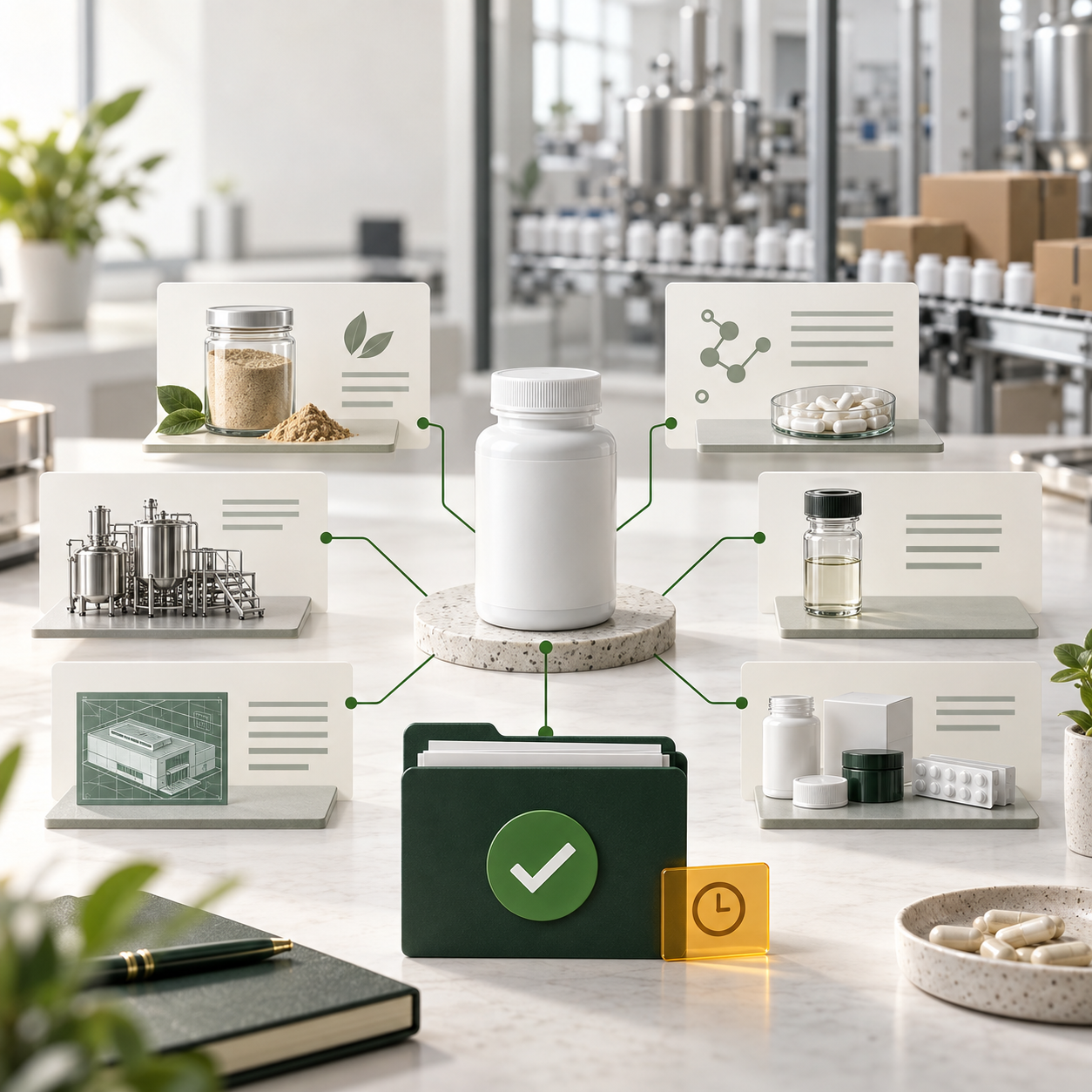 Supplement manufacturing change review linking supplier, formula, process, site, testing, and packaging decisions.