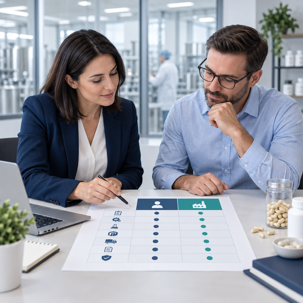 Brand and contract manufacturer quality teams reviewing a dietary supplement responsibility matrix.
