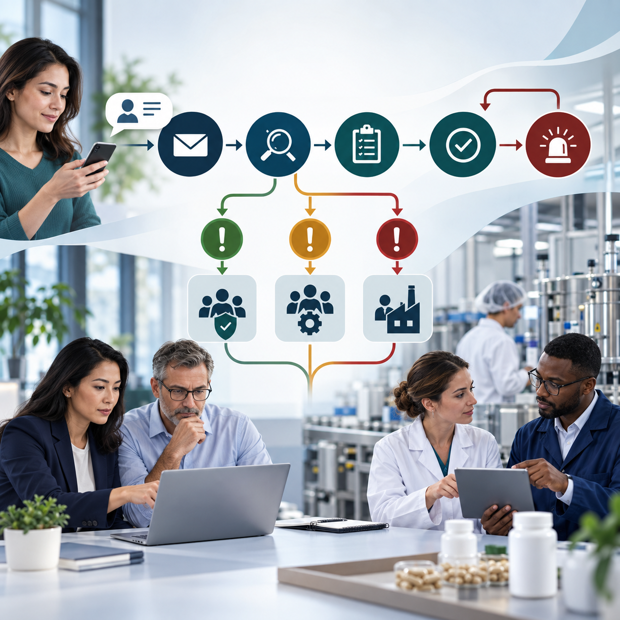 Three-level supplement complaint escalation workflow linking brand and manufacturer teams.