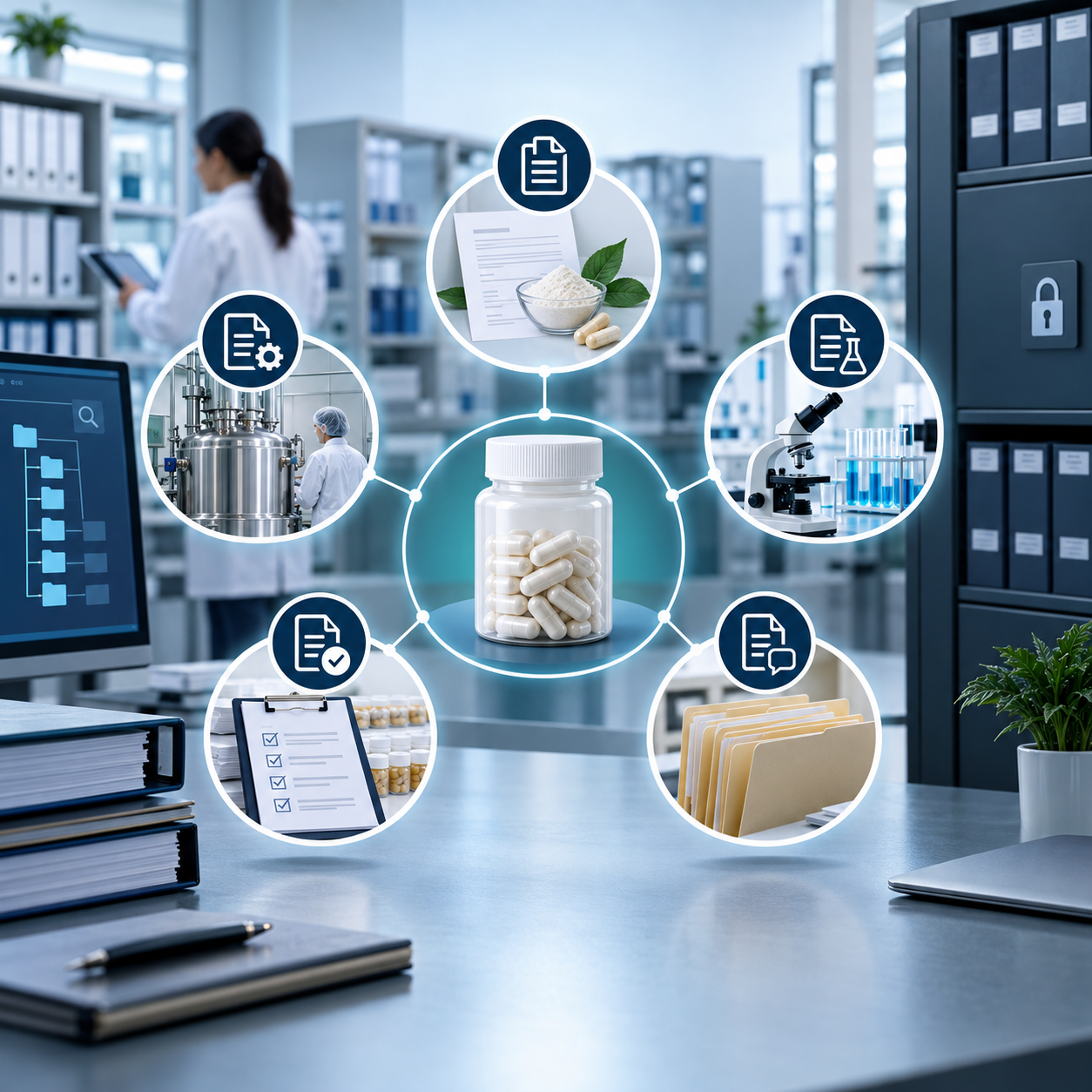 Record-access map connecting supplement formula, batch, laboratory, release and complaint evidence.
