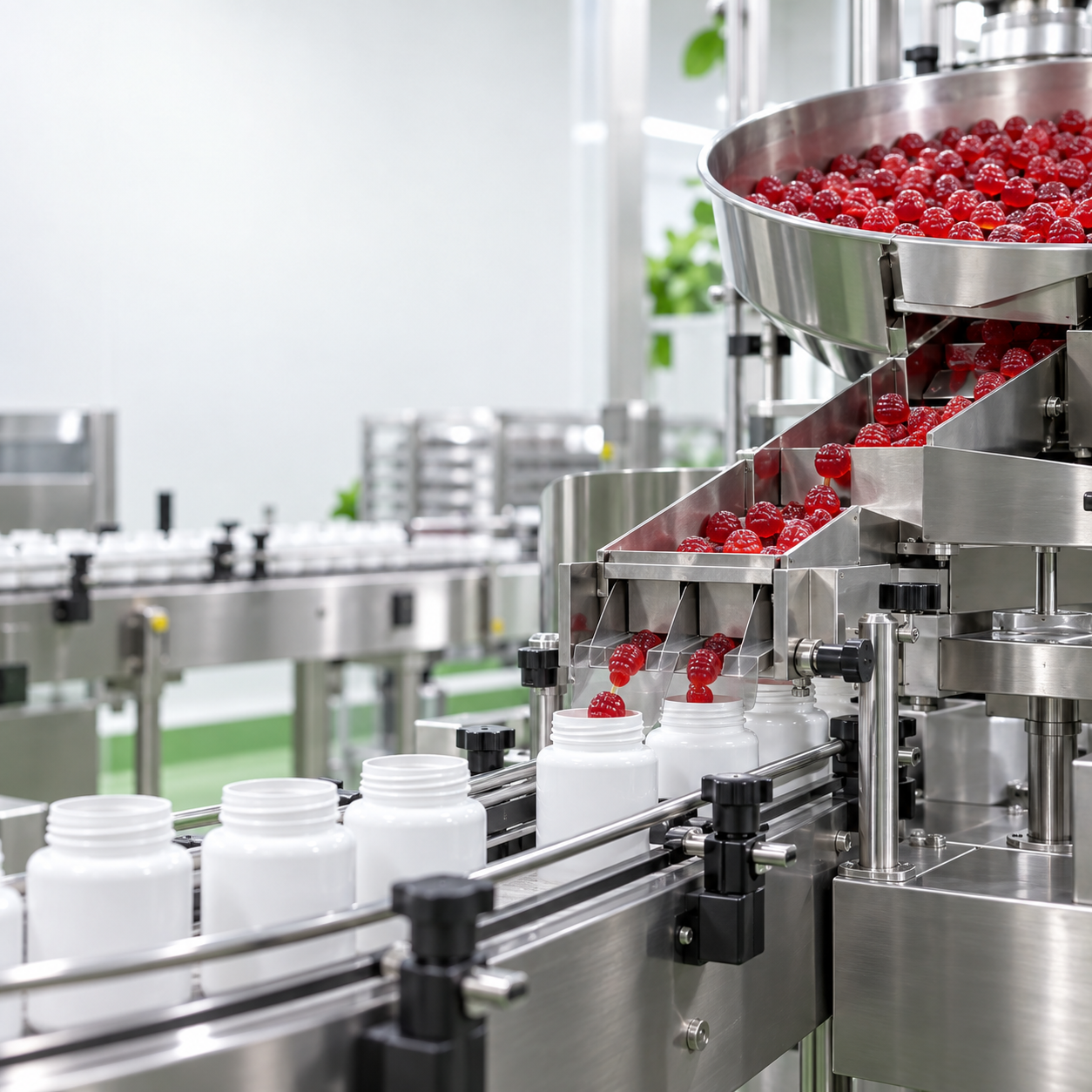 Red supplement gummies moving through a stainless-steel bottling line for package-fit review