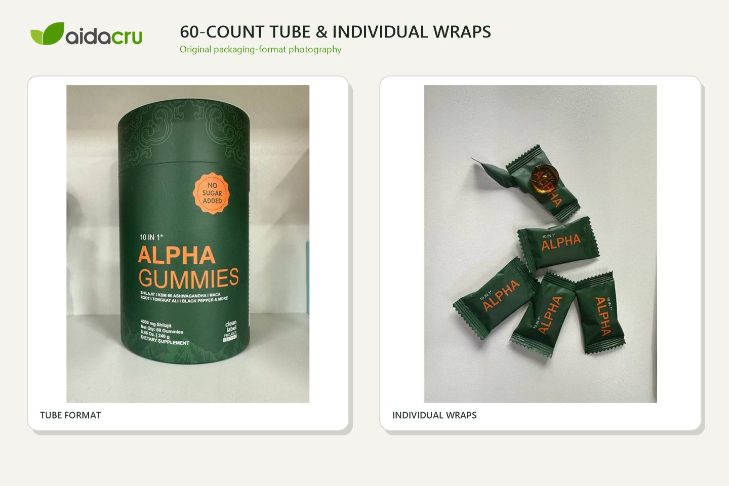 Original product photos showing the Alpha Gummies tube and individual-wrap format.