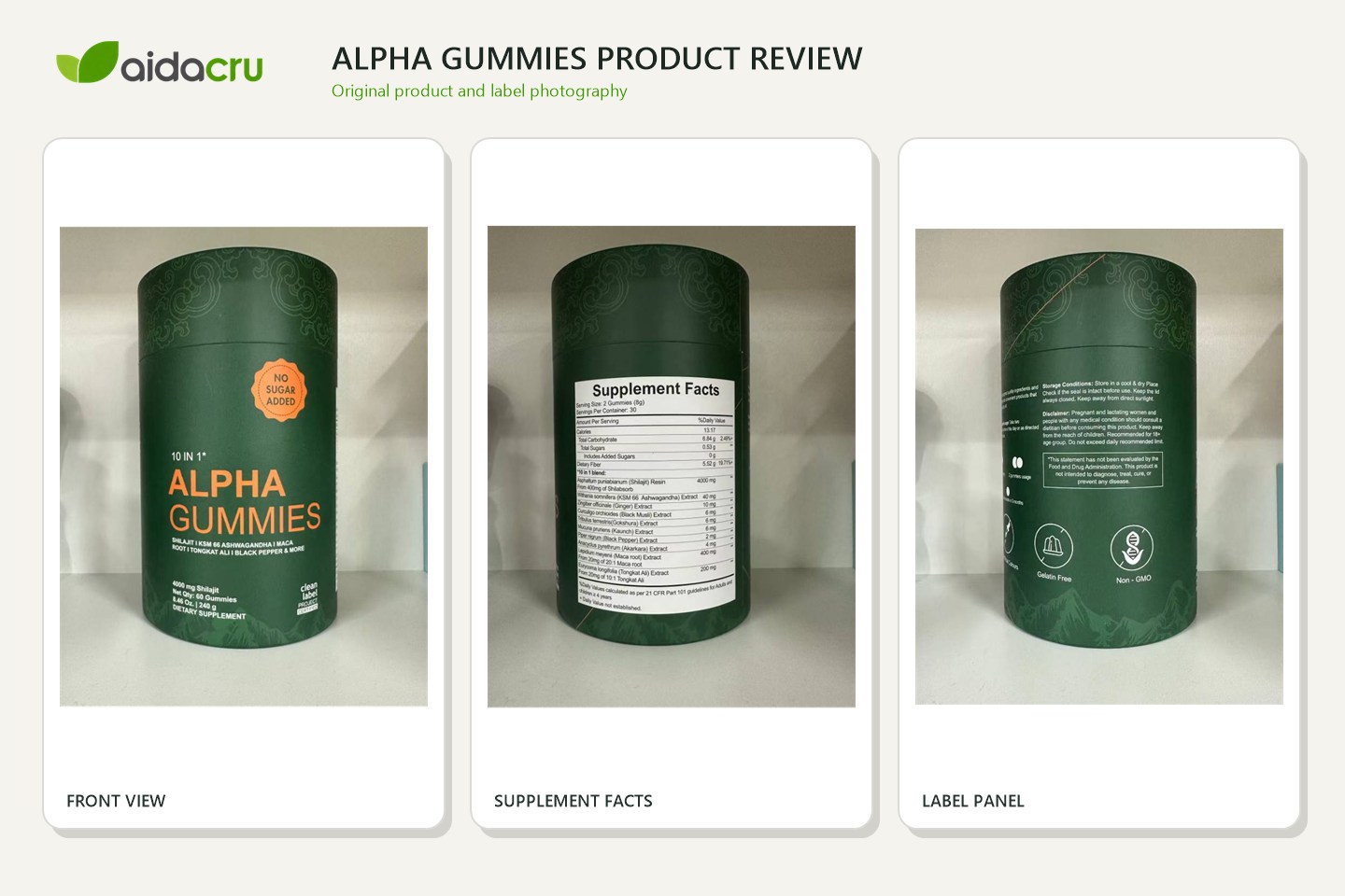 Original front, Supplement Facts, and label-panel photos for Alpha Gummies buyer review.