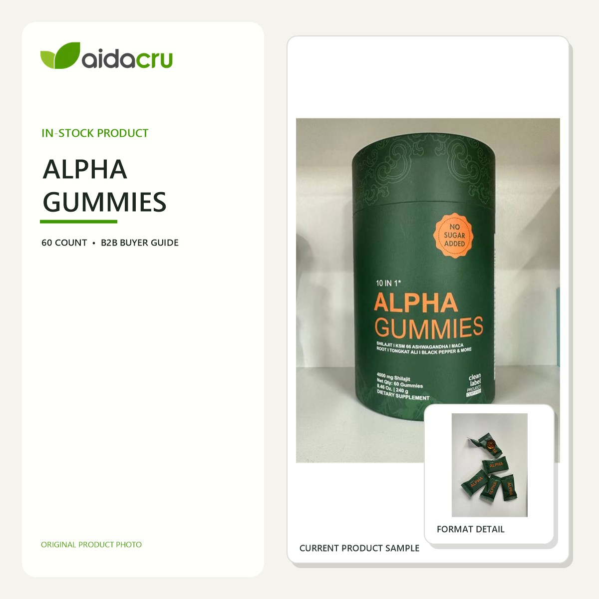 Original product photos of an in-stock 60-count Alpha Gummies tube and individually wrapped gummies for B2B wholesale review.