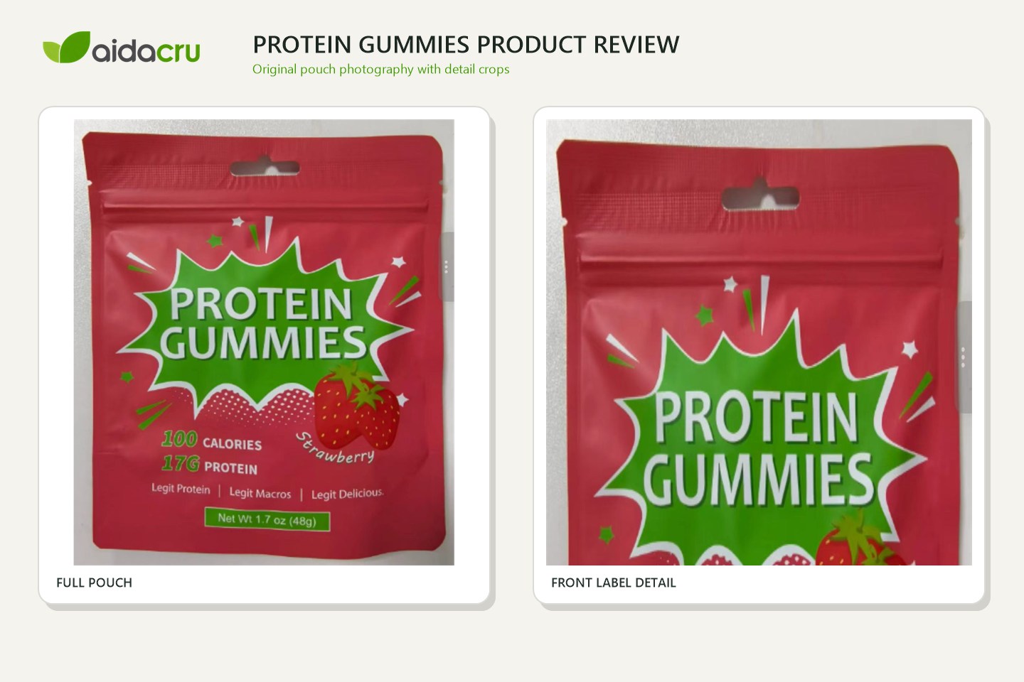 Original full-pouch and front-label detail photos for Protein Gummies buyer review.