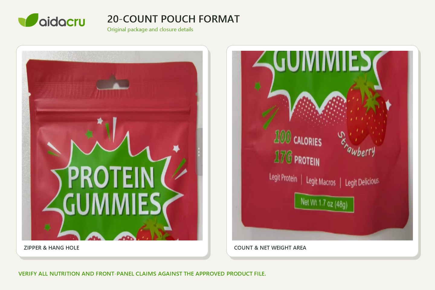 Original Protein Gummies pouch photo highlighting the zipper, hang hole, count, and net-weight areas.
