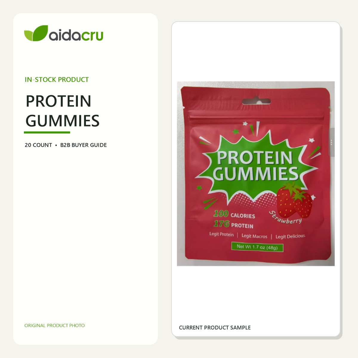 Original product photo of Protein Gummies in a 20-count pouch for private-label and wholesale buyer review.