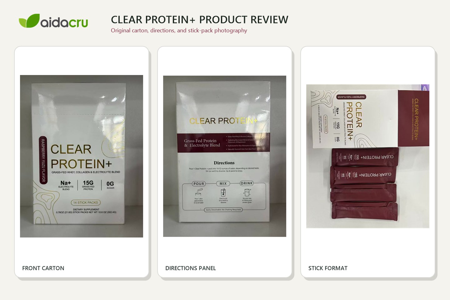 Original front-carton, directions-panel, and stick-format photos for Clear Protein powder sticks.