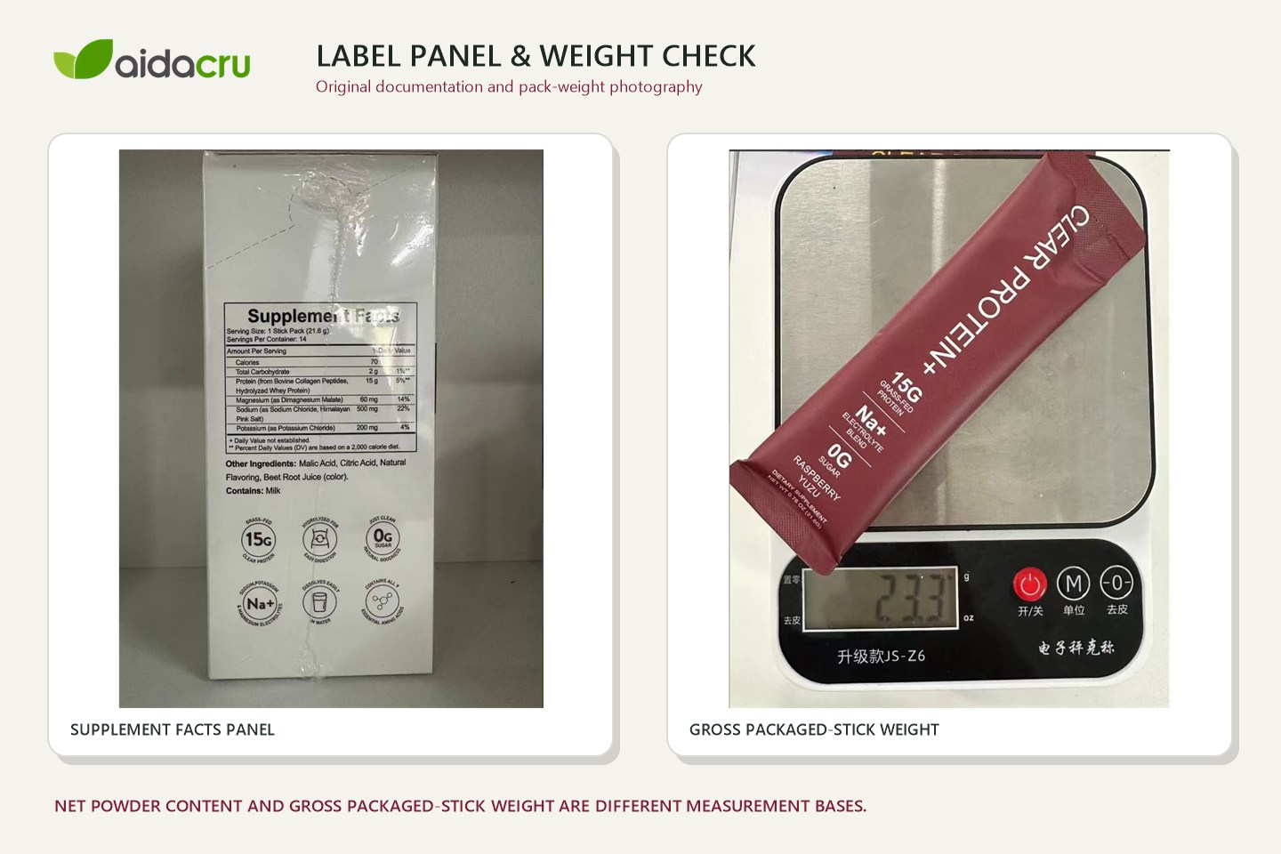 Original Supplement Facts and gross packaged-stick weight photos for Clear Protein buyer review.