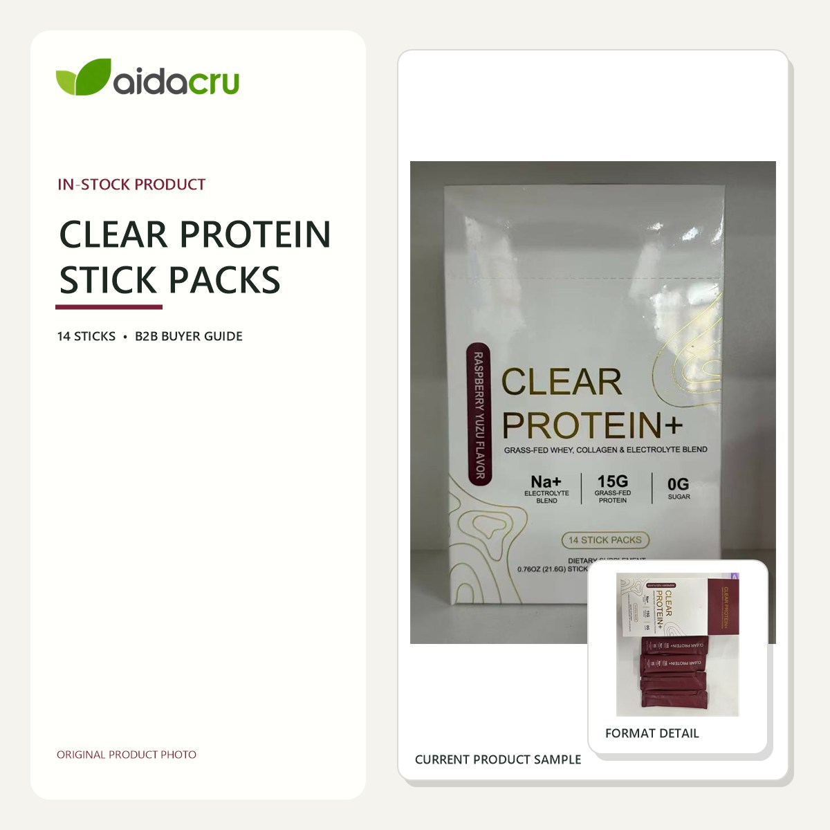 Original product photos of raspberry-yuzu Clear Protein powder sticks in a 14-count carton for private-label buyers.