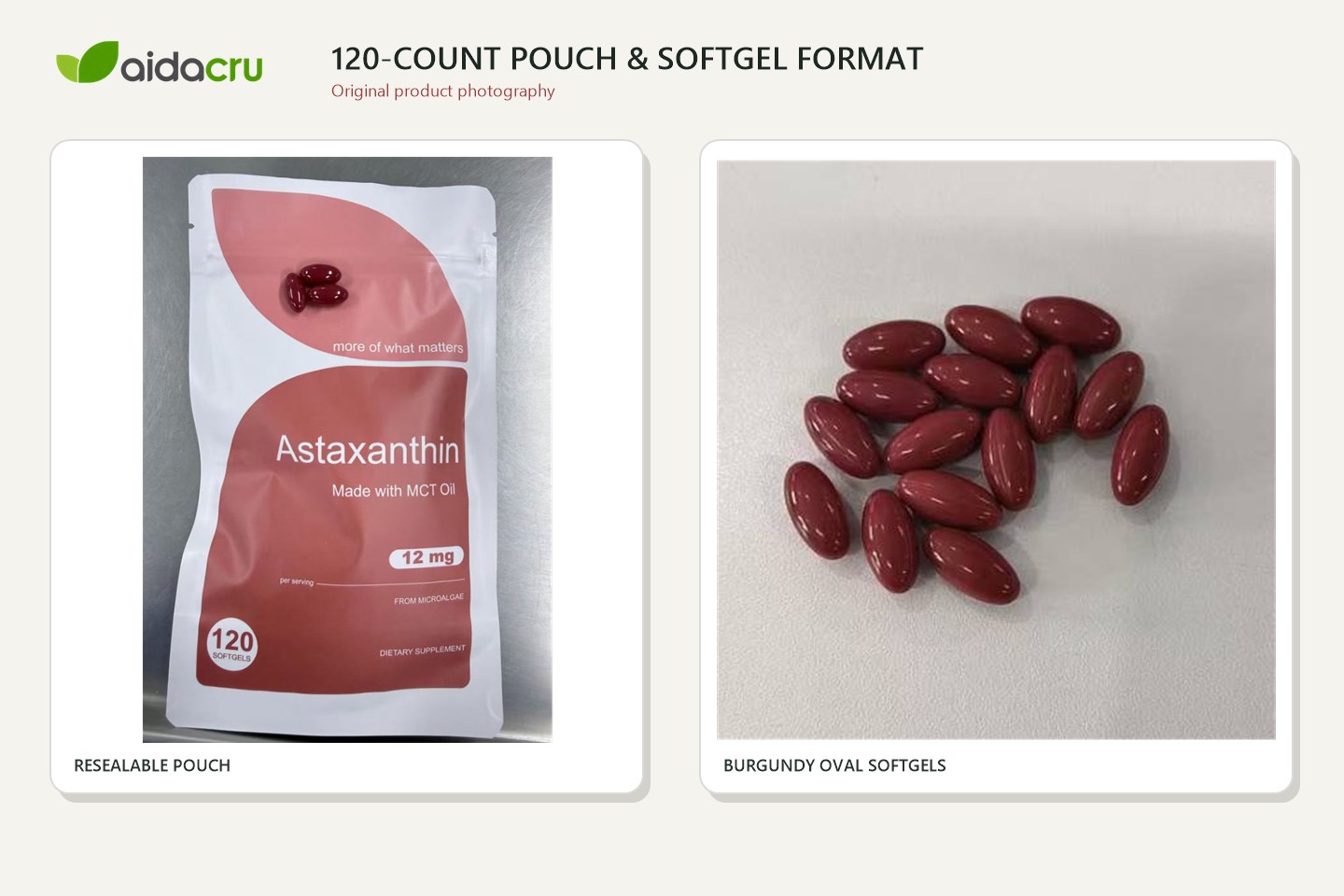 Original Astaxanthin pouch and burgundy oval softgel photos showing the finished product format.