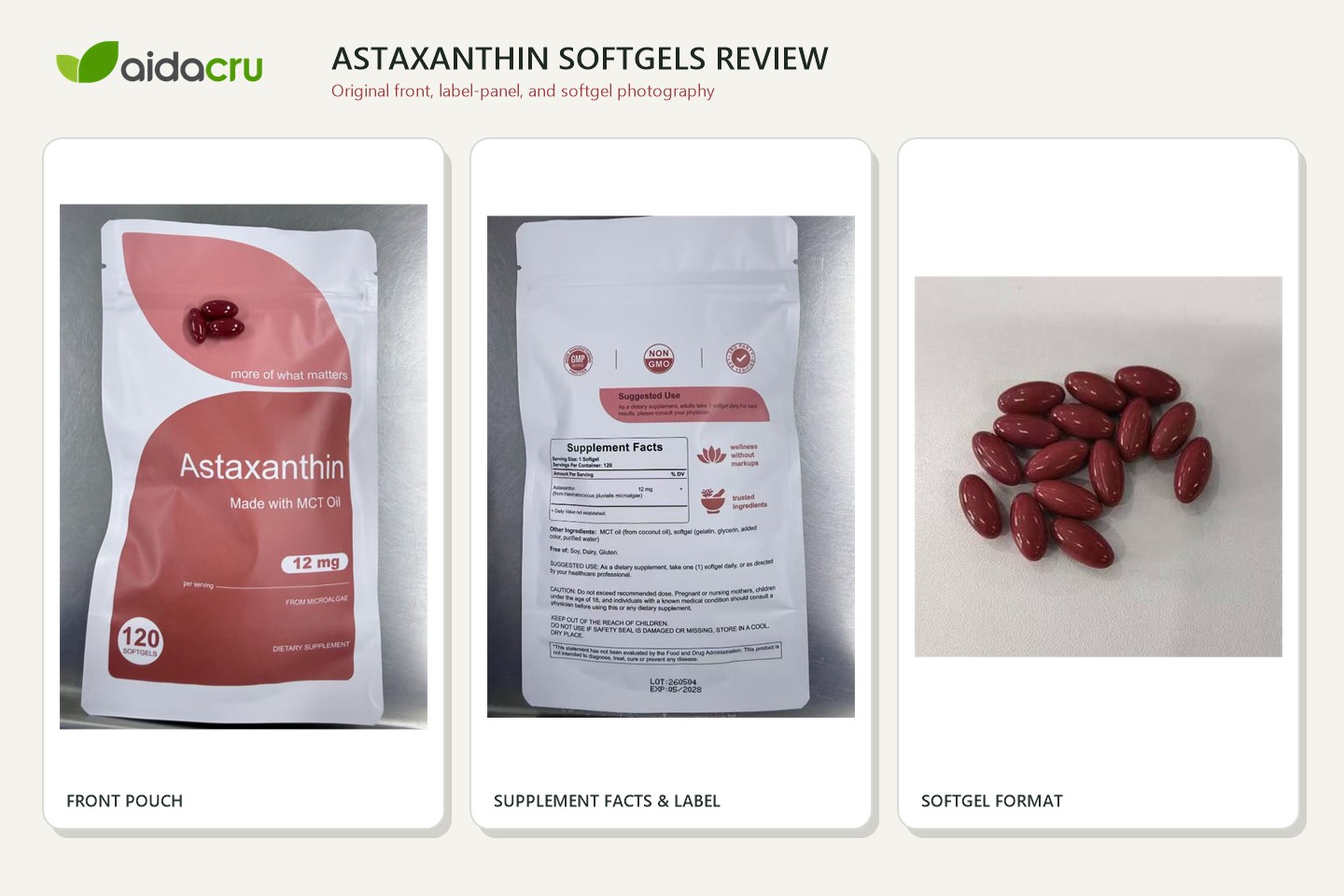 Original front-pouch, Supplement Facts, label-panel, and finished-softgel photos for Astaxanthin buyer review.