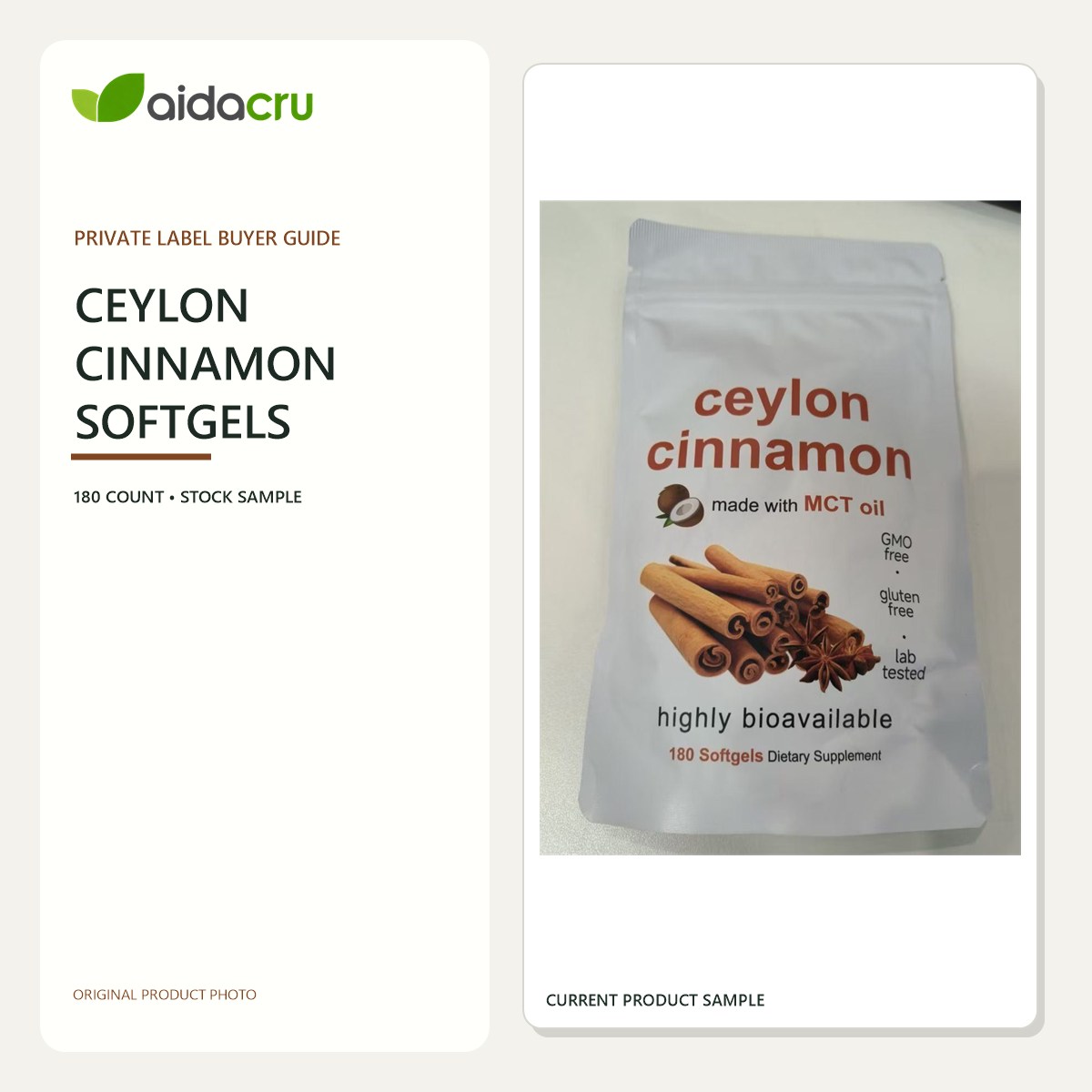 Aidacru private label Ceylon cinnamon softgels buyer guide using an original 180-count pouch photo