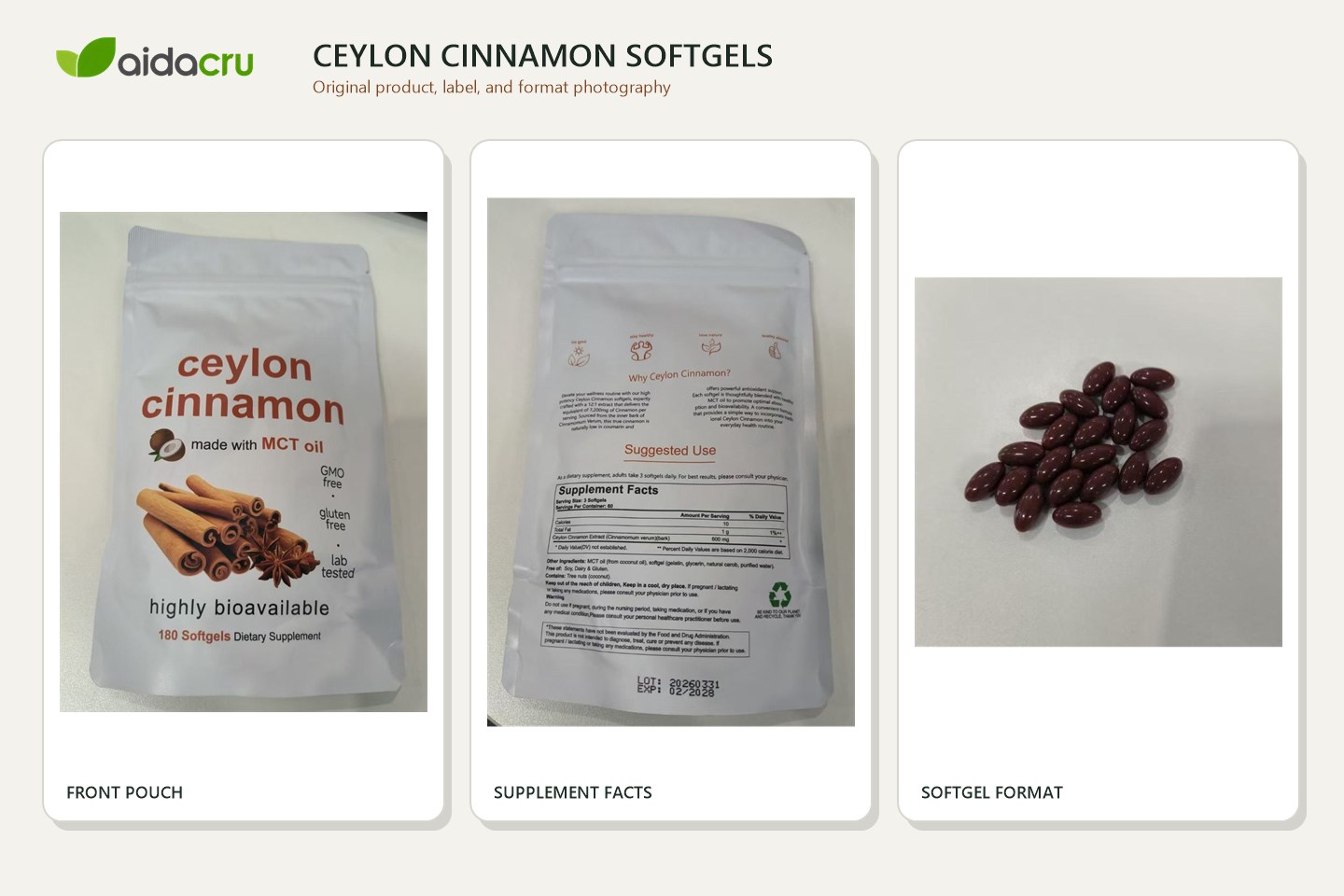 Original Ceylon cinnamon softgel pouch front, Supplement Facts panel, and burgundy softgels