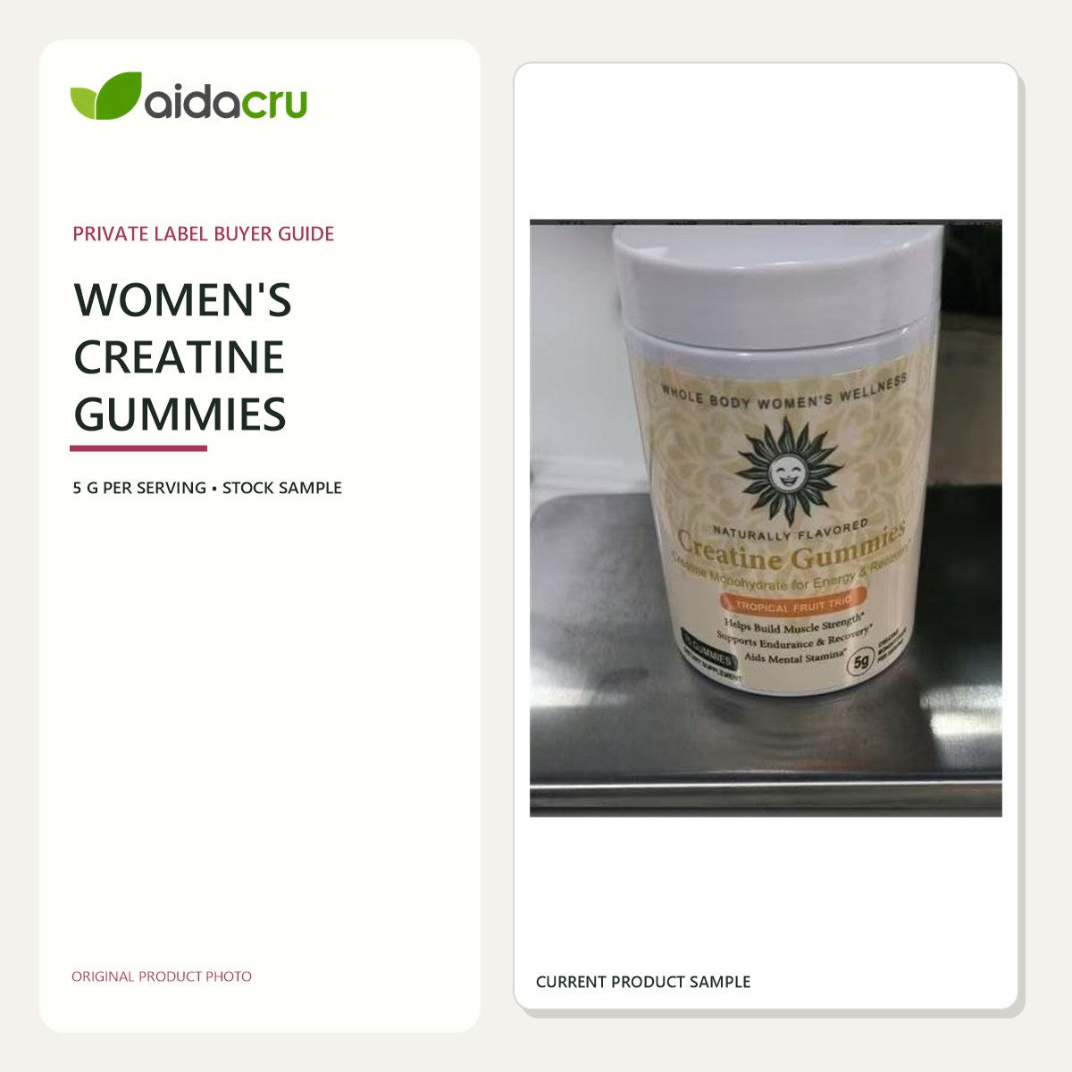 Aidacru private label creatine gummies for women buyer guide using an original product sample photo
