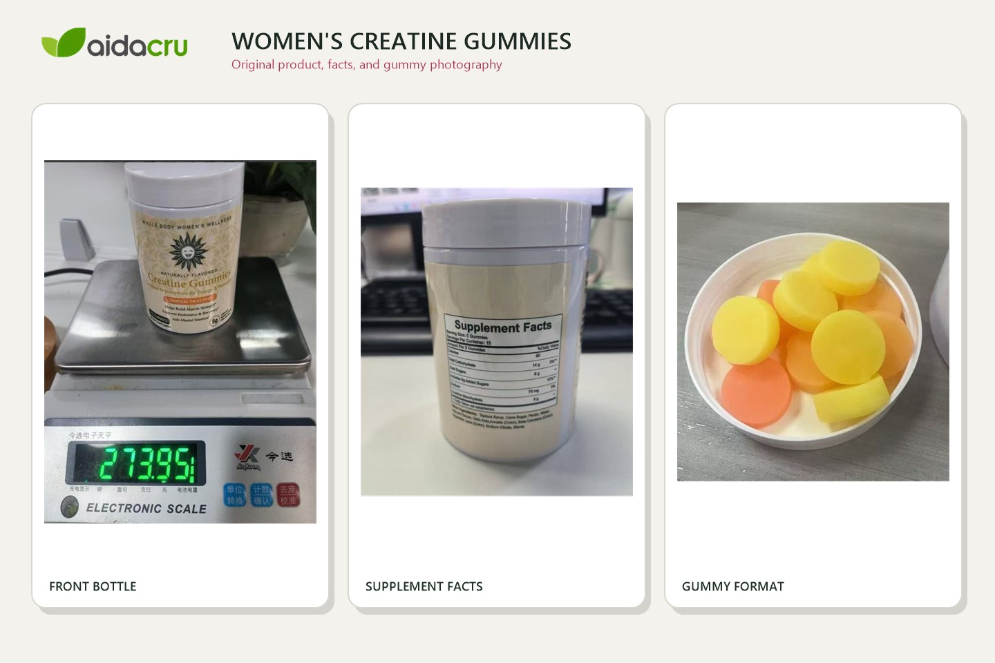 Original women's creatine gummy bottle, Supplement Facts panel, and yellow and orange gummies