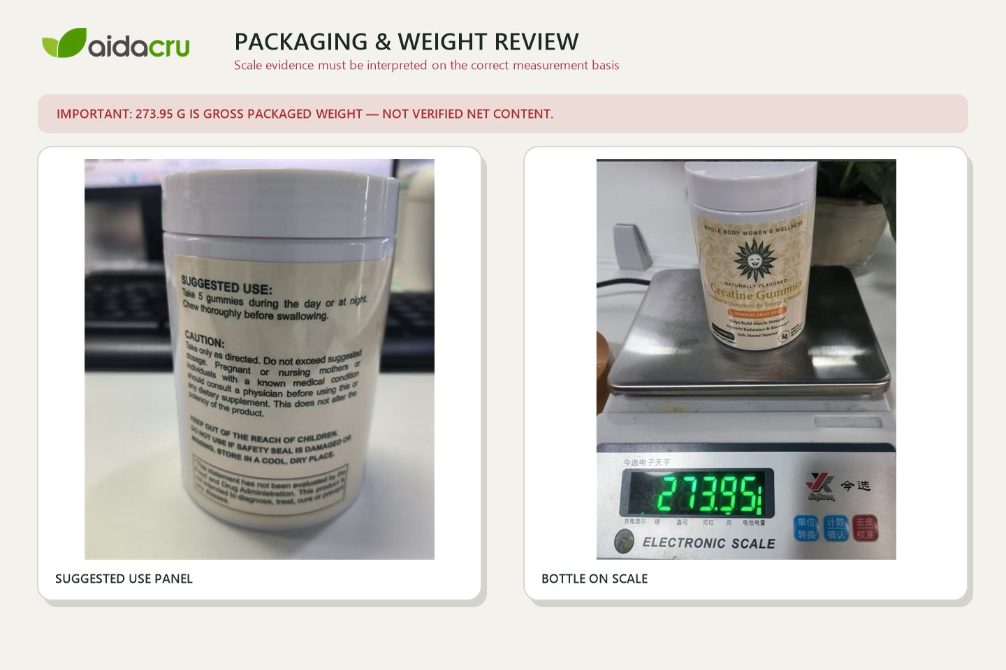 Creatine gummy packaging review clarifying that 273.95 grams is gross packaged weight, not verified net content