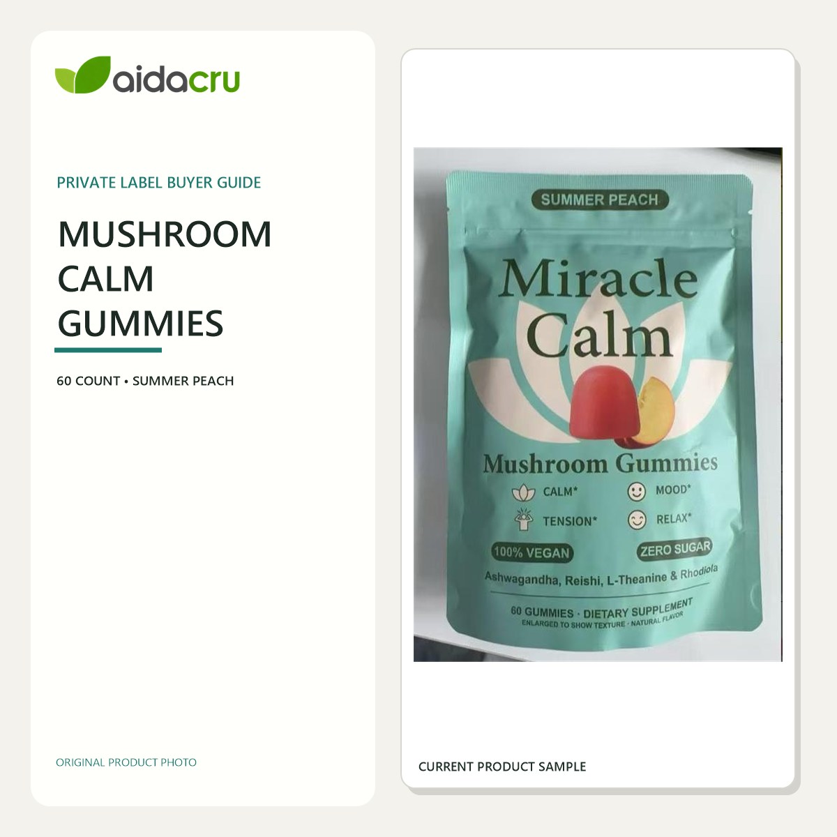 Aidacru private label mushroom calm gummies buyer guide using the original Summer Peach pouch photo