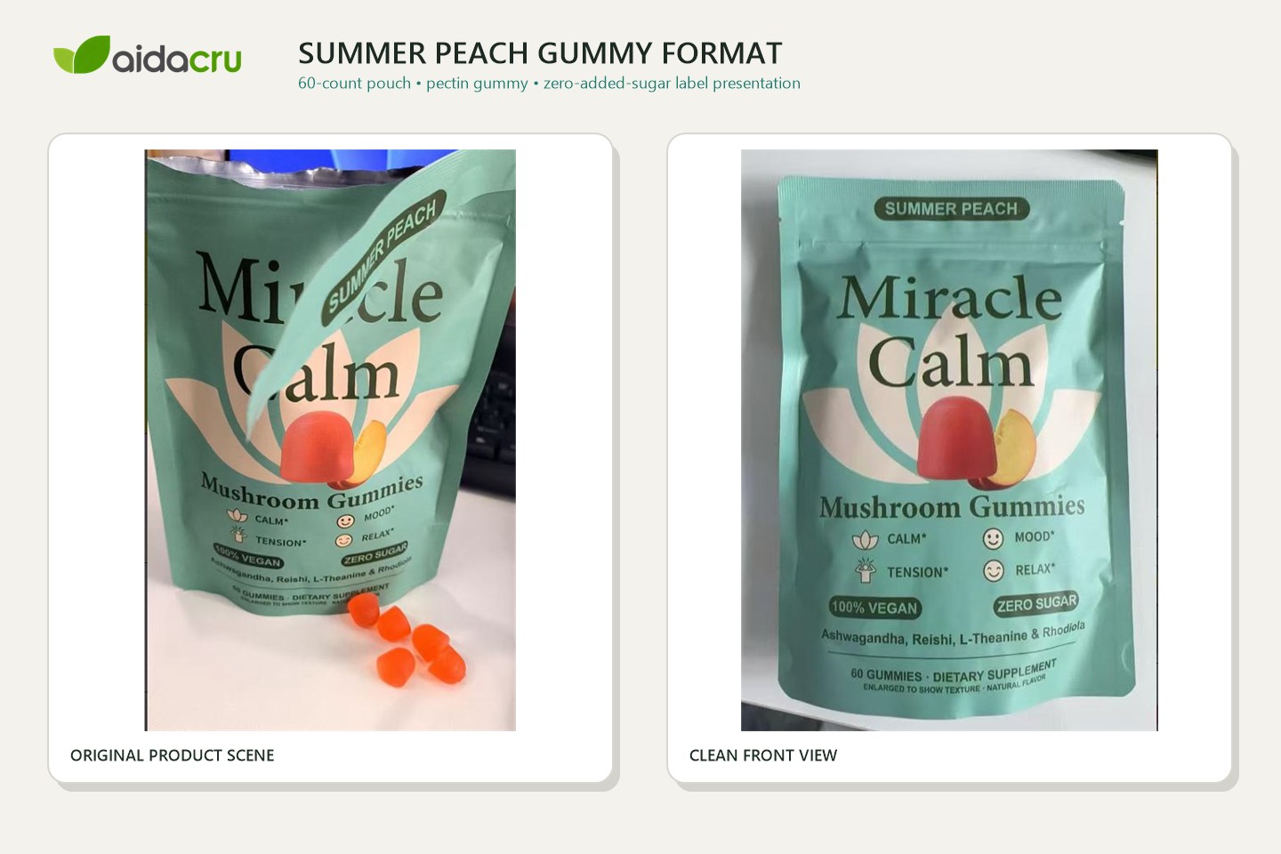 Original Summer Peach mushroom gummy pouch and pectin gummy format photography
