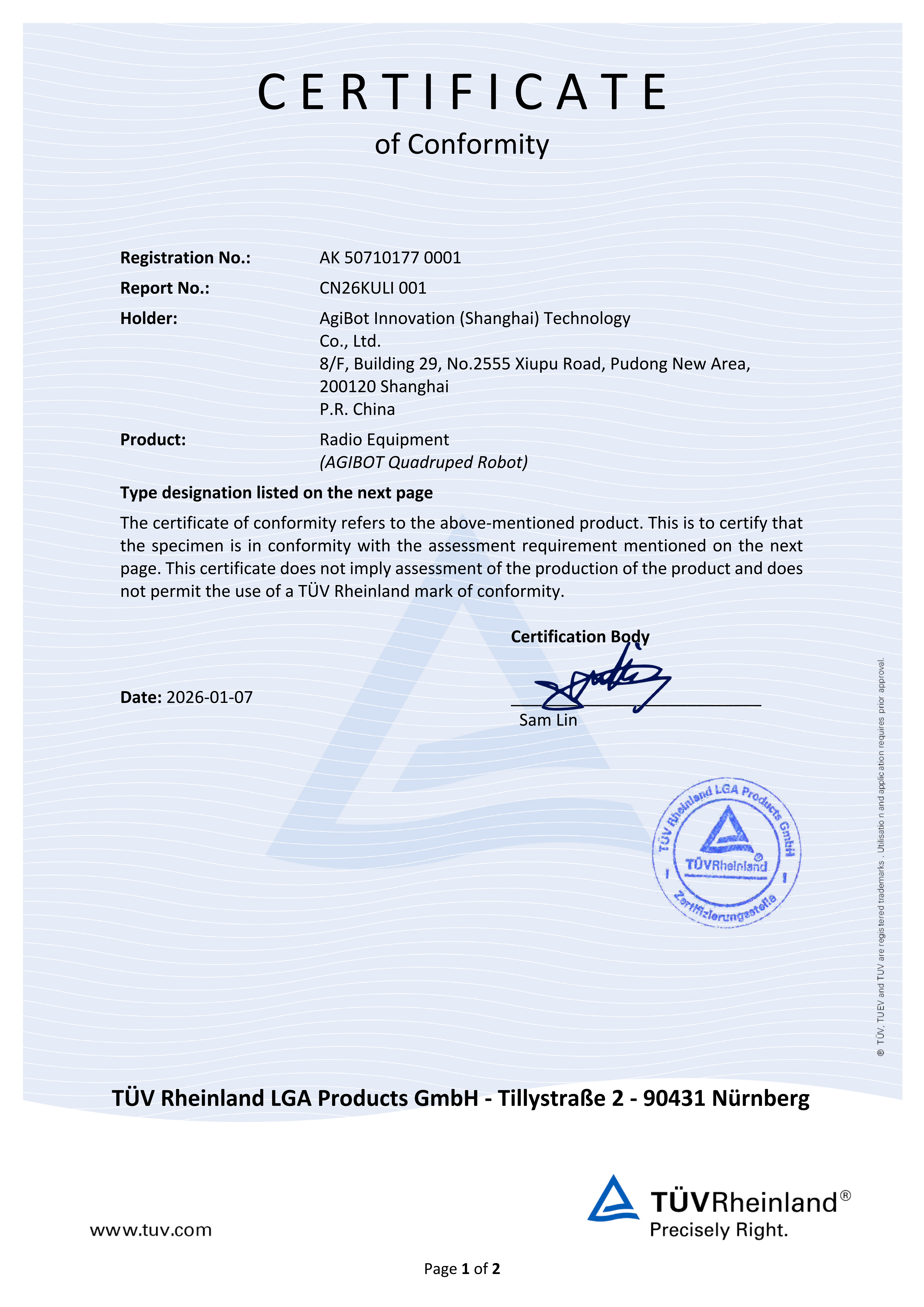 CE Certificate of Conformity AK 50710177 0001 from TÜV Rheinland