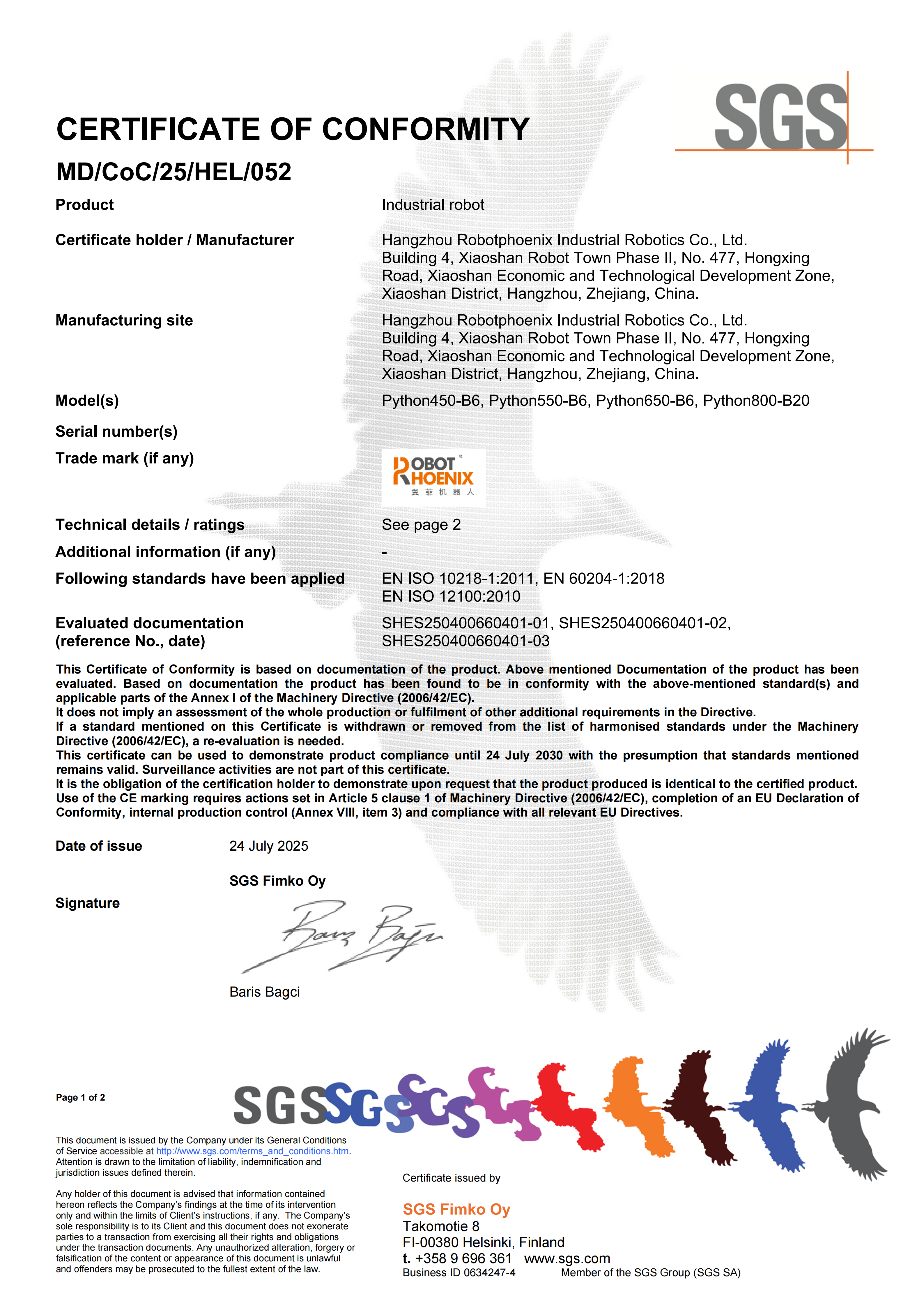 CE Certificate for SCARA Robots