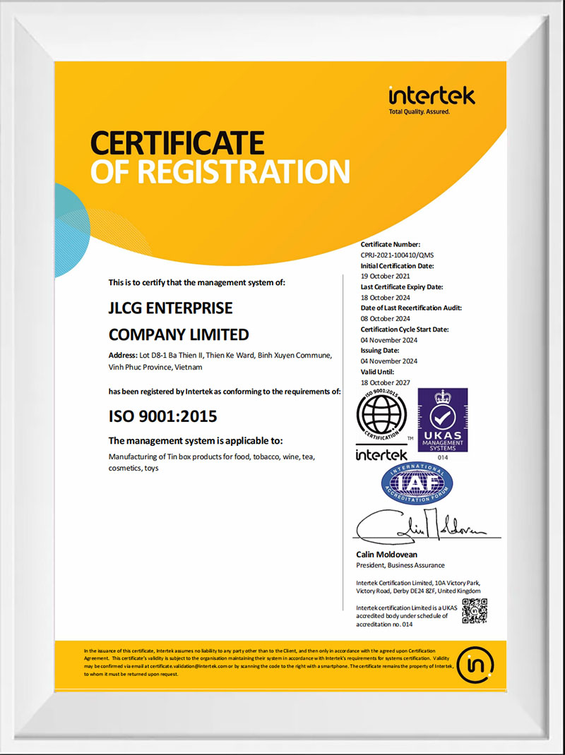 ISO 9001:2015 Certification of JLCG Enterprise