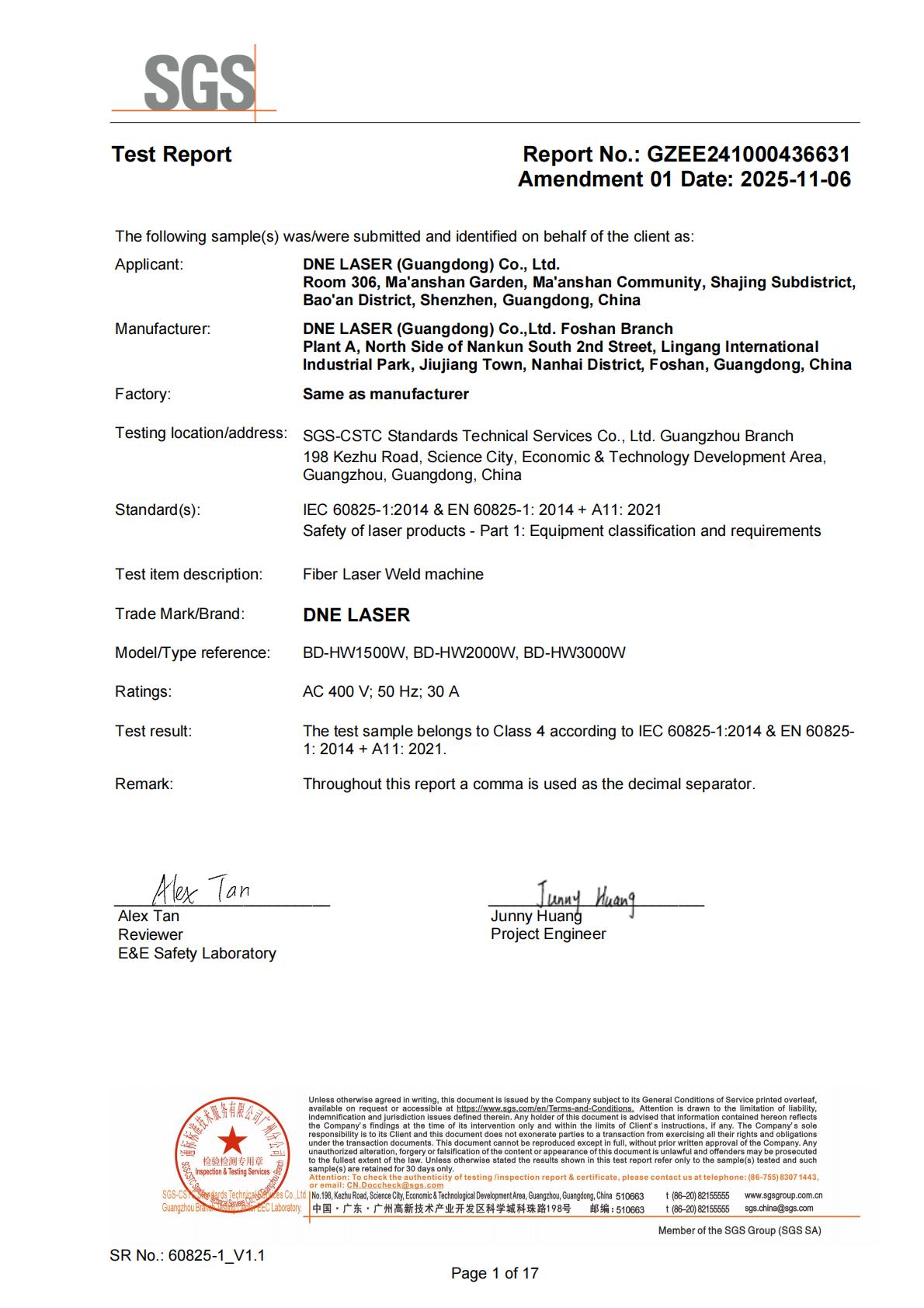 SGS Certificate for DNE Laser