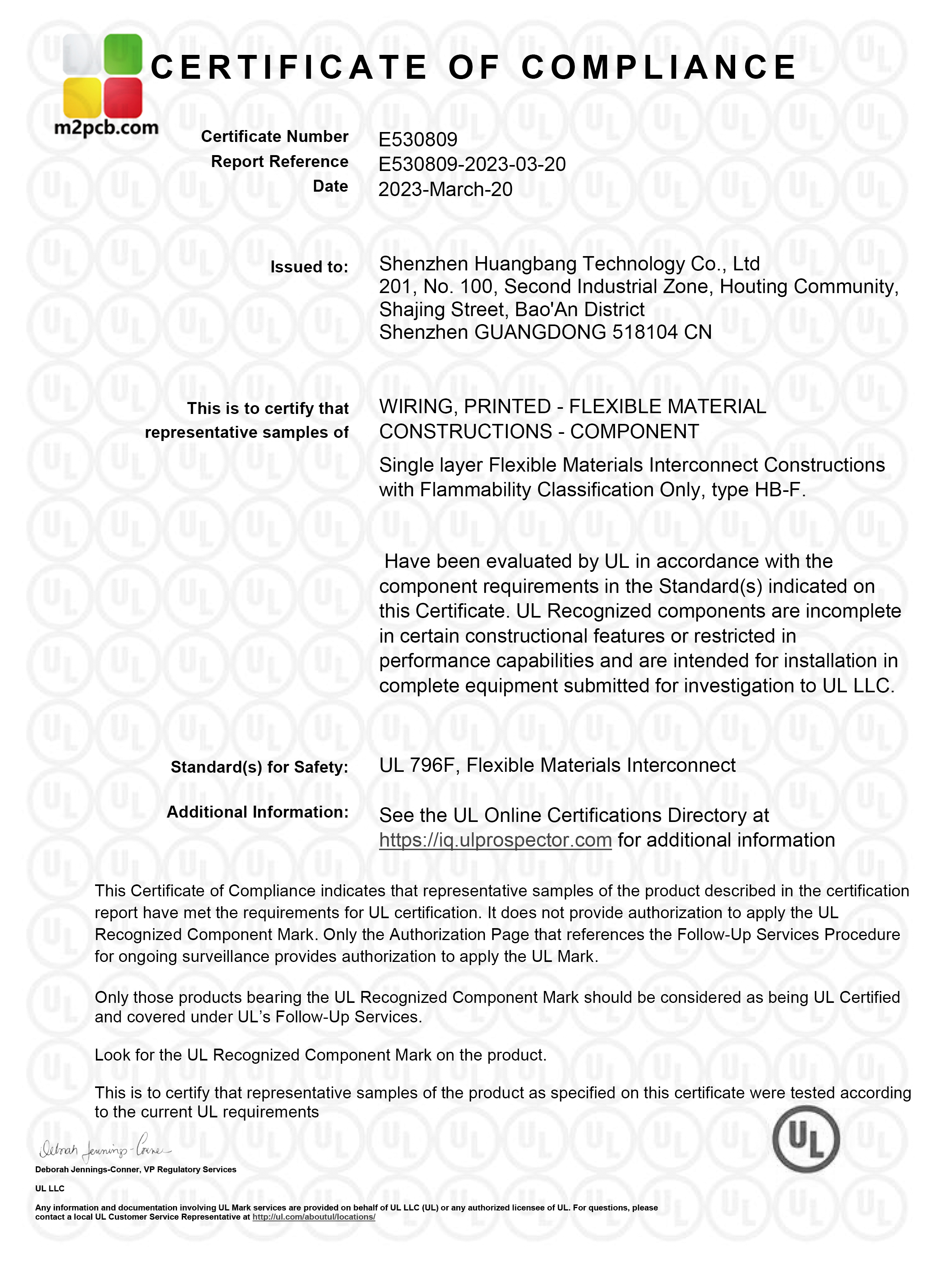 UL Certificate for Flexible PCBs