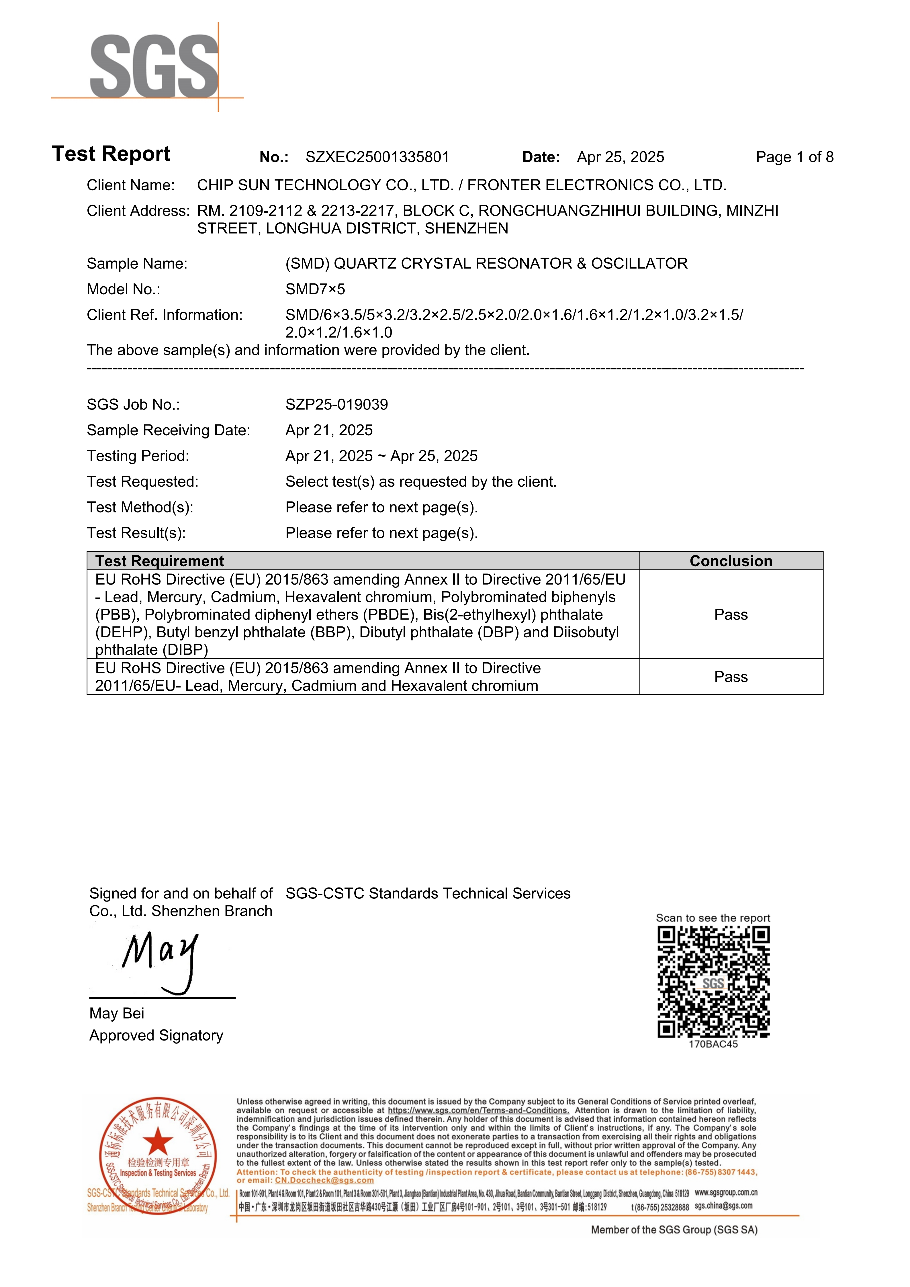 RoHS Test Report for SMD Quartz Crystal Resonator
