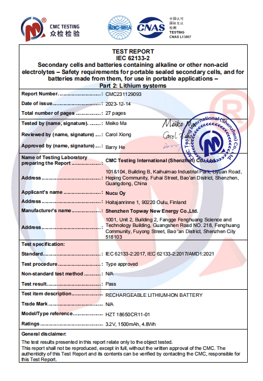 IEC 62133-2:2017 certificate