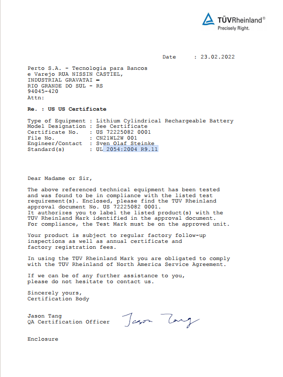 UL 2054 Certification for HCC Batteries