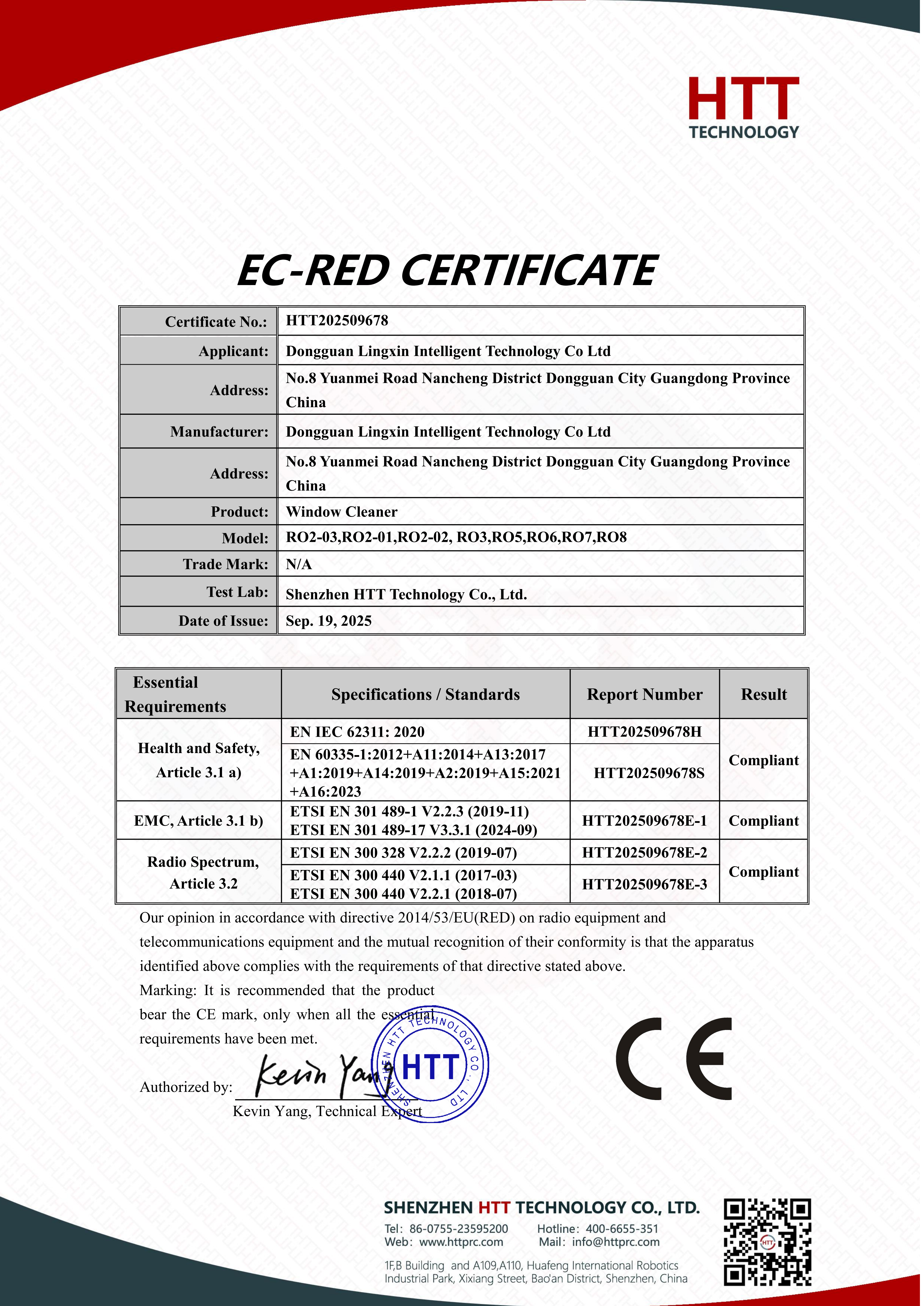 CE-RED Certification for window cleaning robot