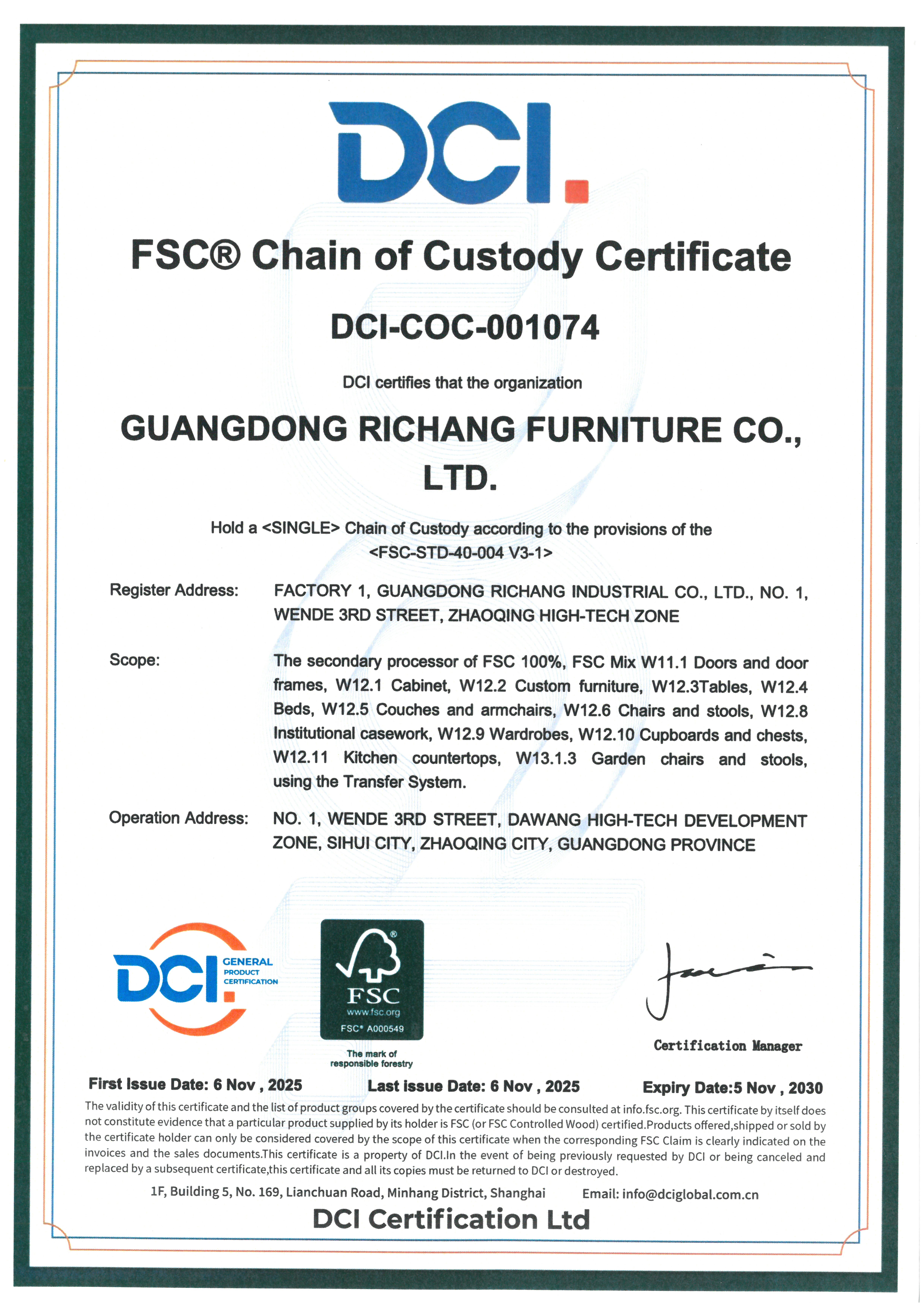 FSC COC Certificate