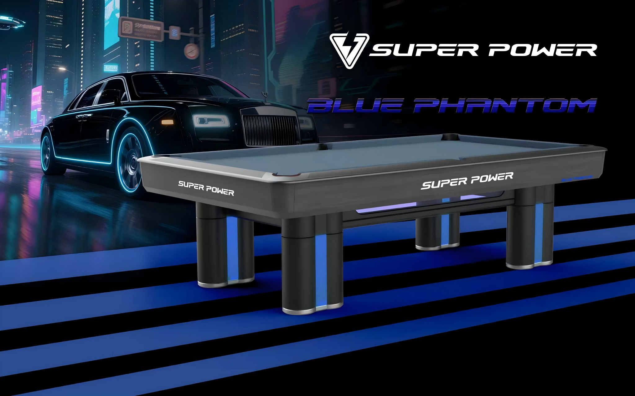 BLUE PHANTOM Tournament Edition 9ft Pool Table by SUPER POWER