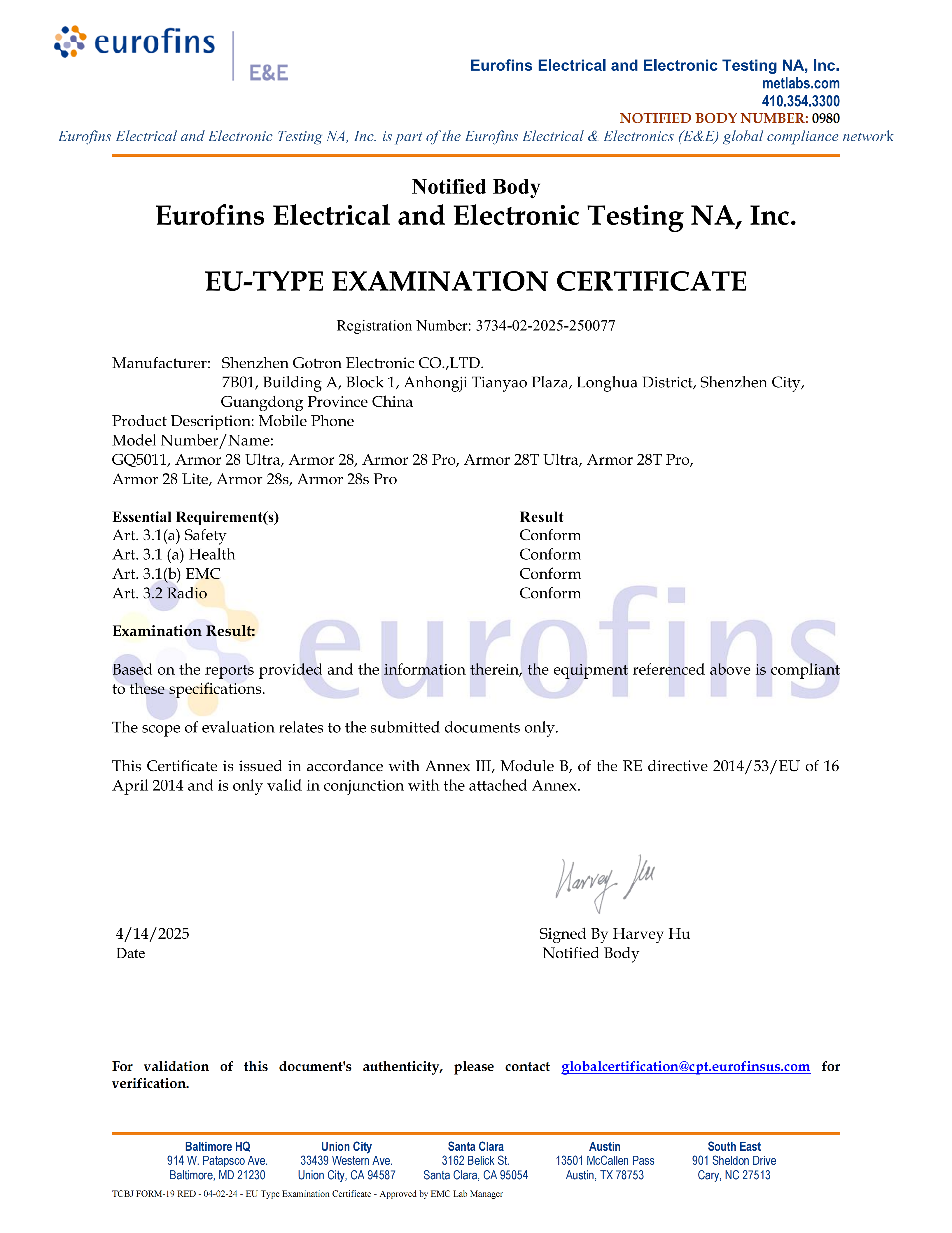CE NB Certificate