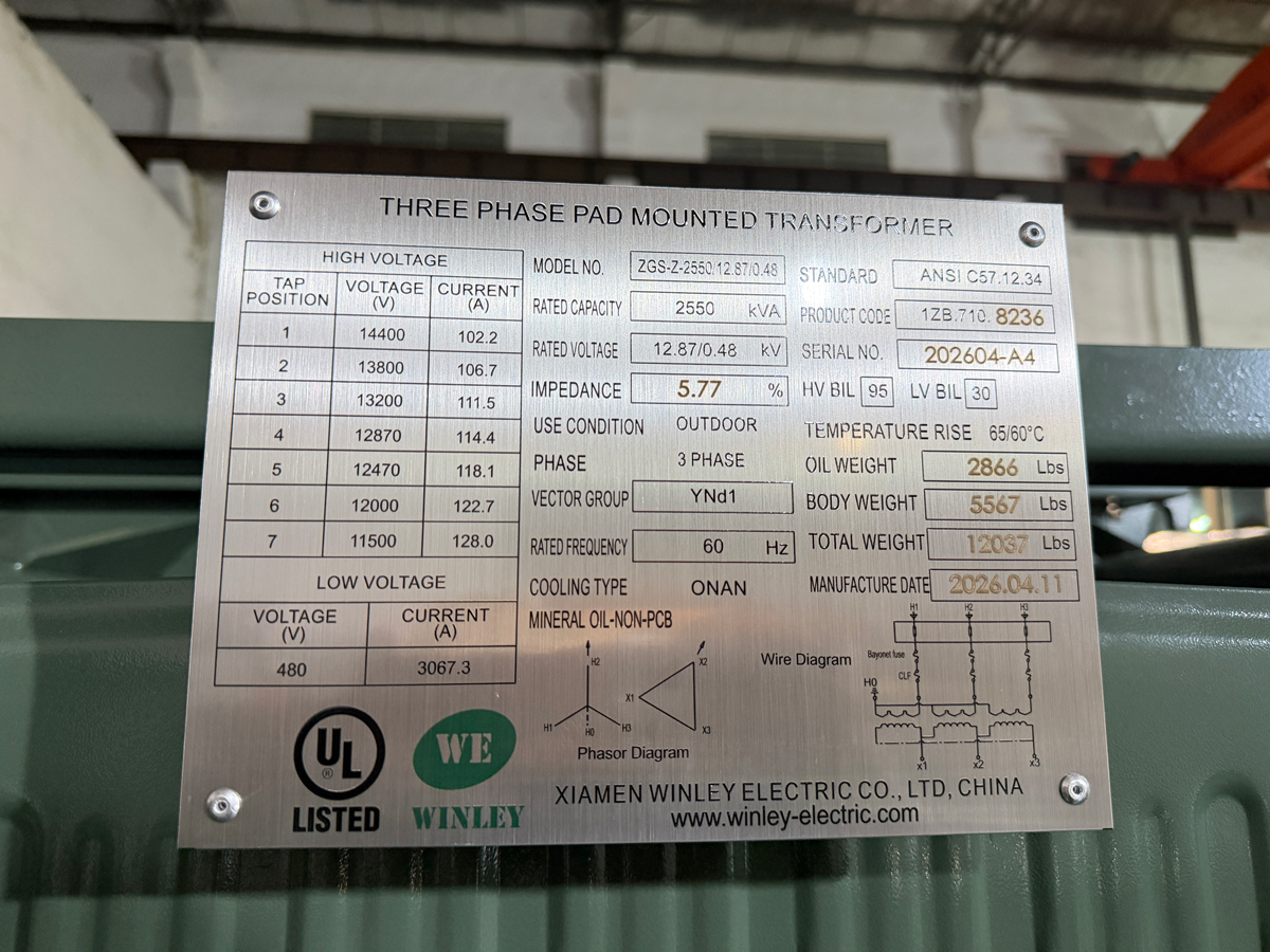 2550 kVA three phase pad mounted transformer undergoing factory testing at Winley Electric