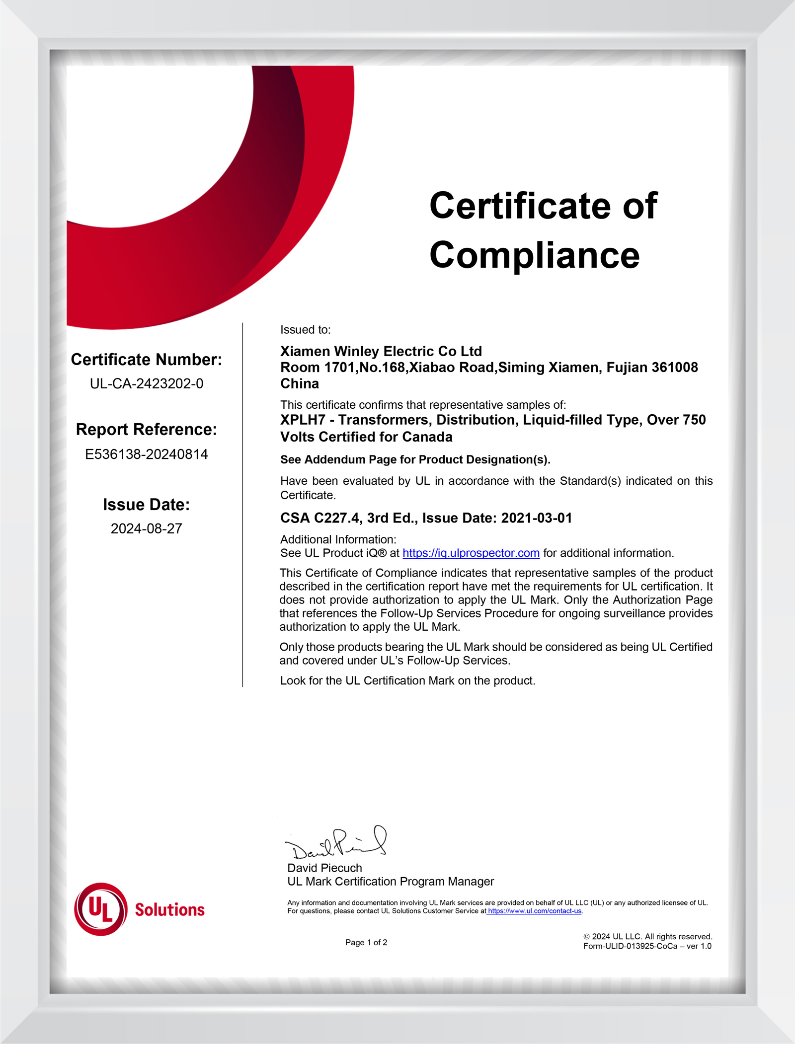 cUL certification for three phase pad-mounted transformer