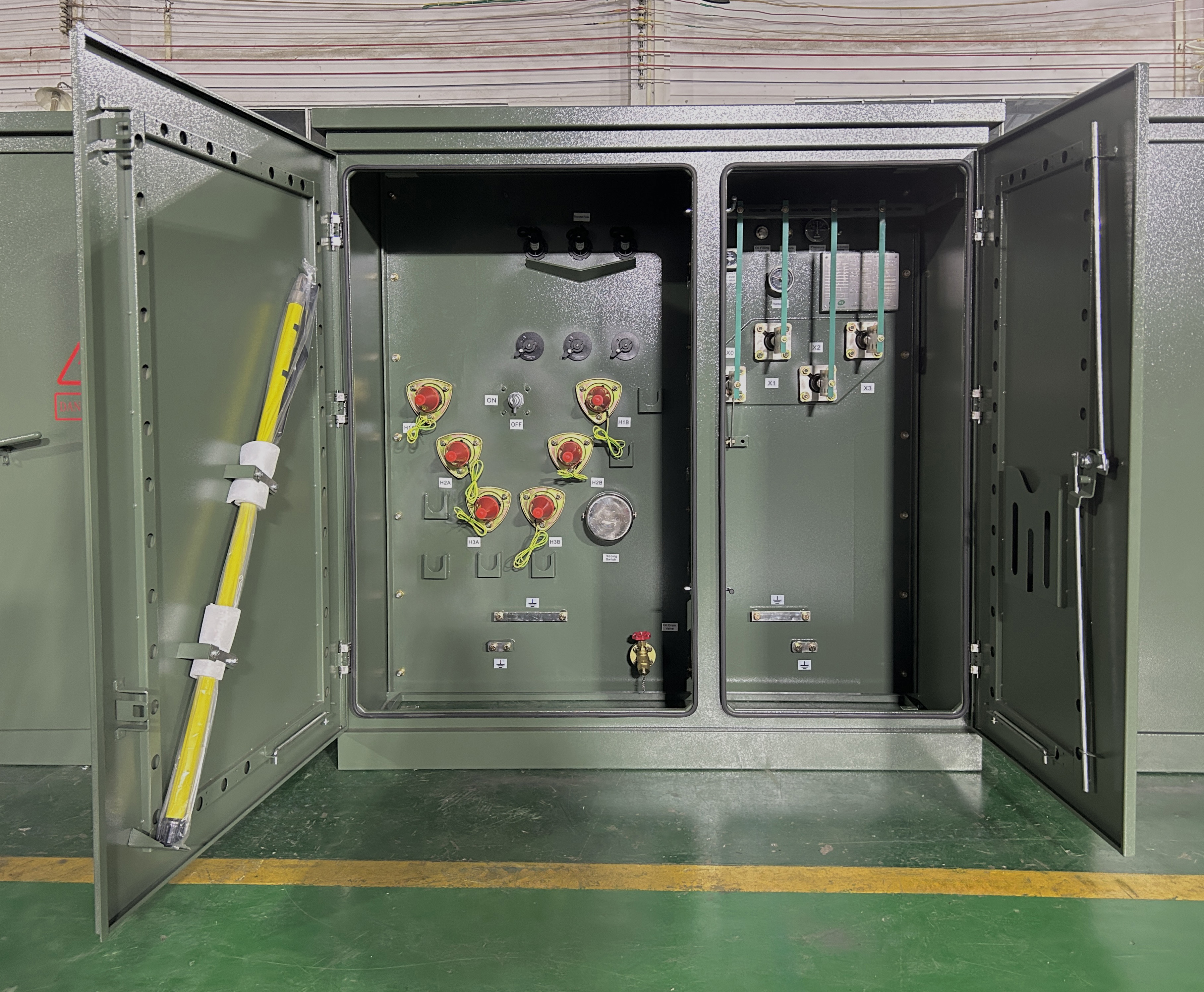 A 500Kva Three Phase Pad Mounted Transformer undergoing final inspection.